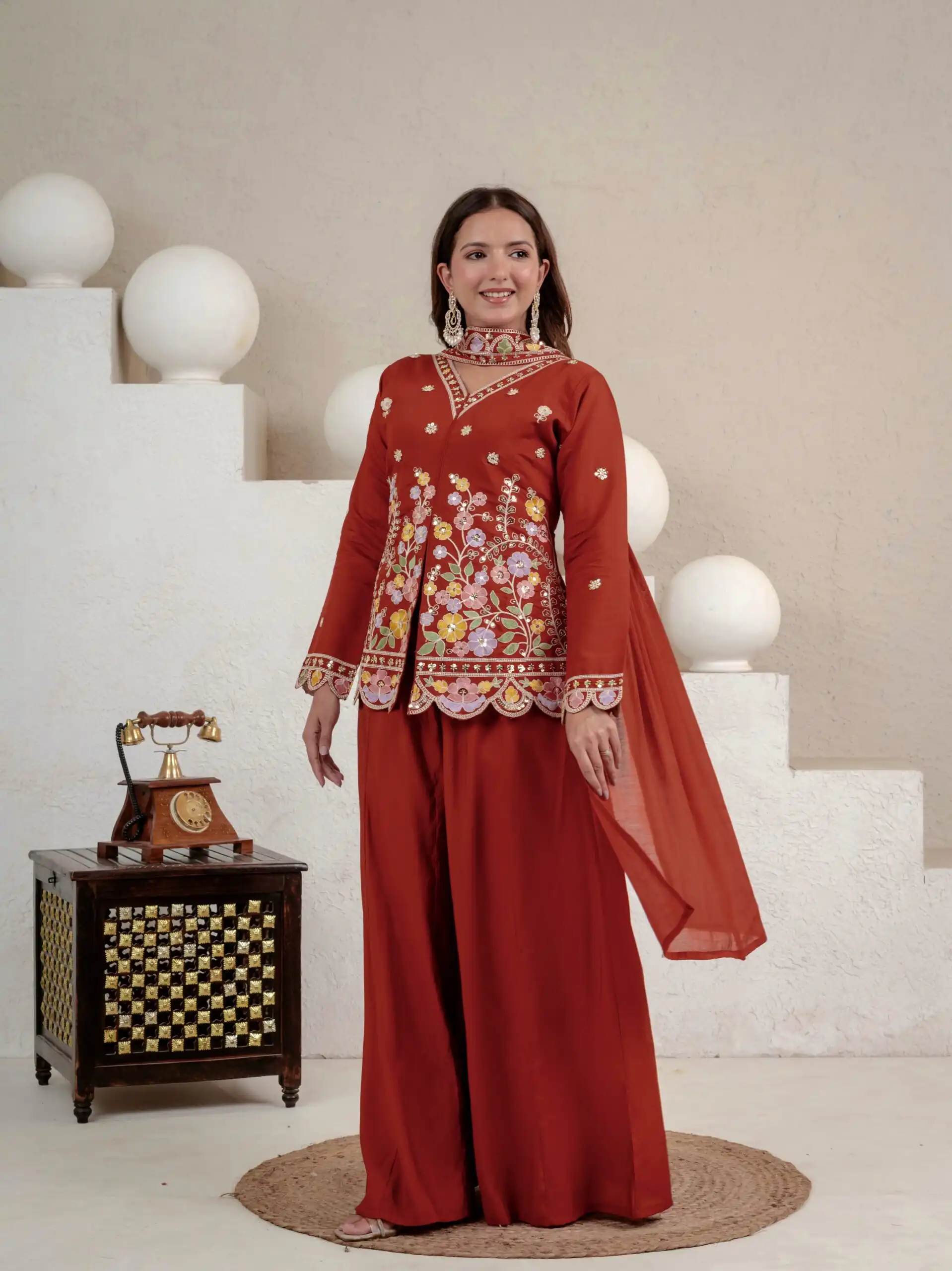 Best Rust Roman Silk Embroidery Sequins Work Salwar Suit - Image 3