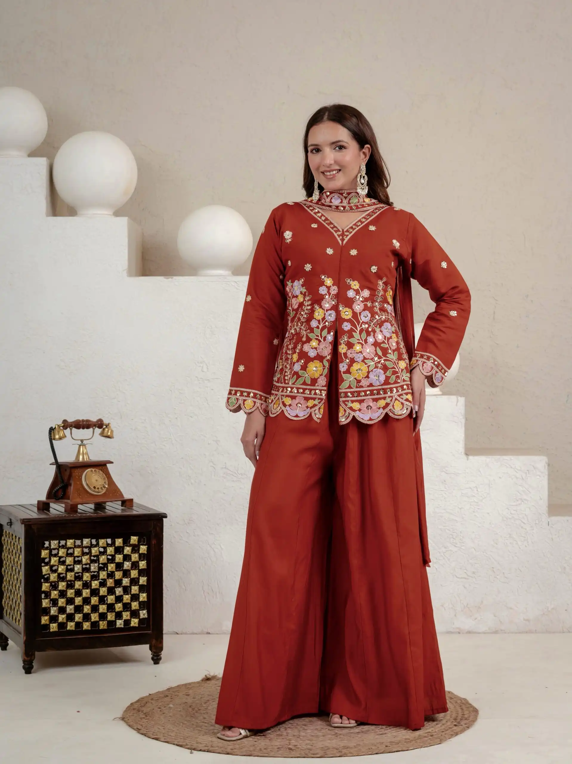 Best Rust Roman Silk Embroidery Sequins Work Salwar Suit - Image 2