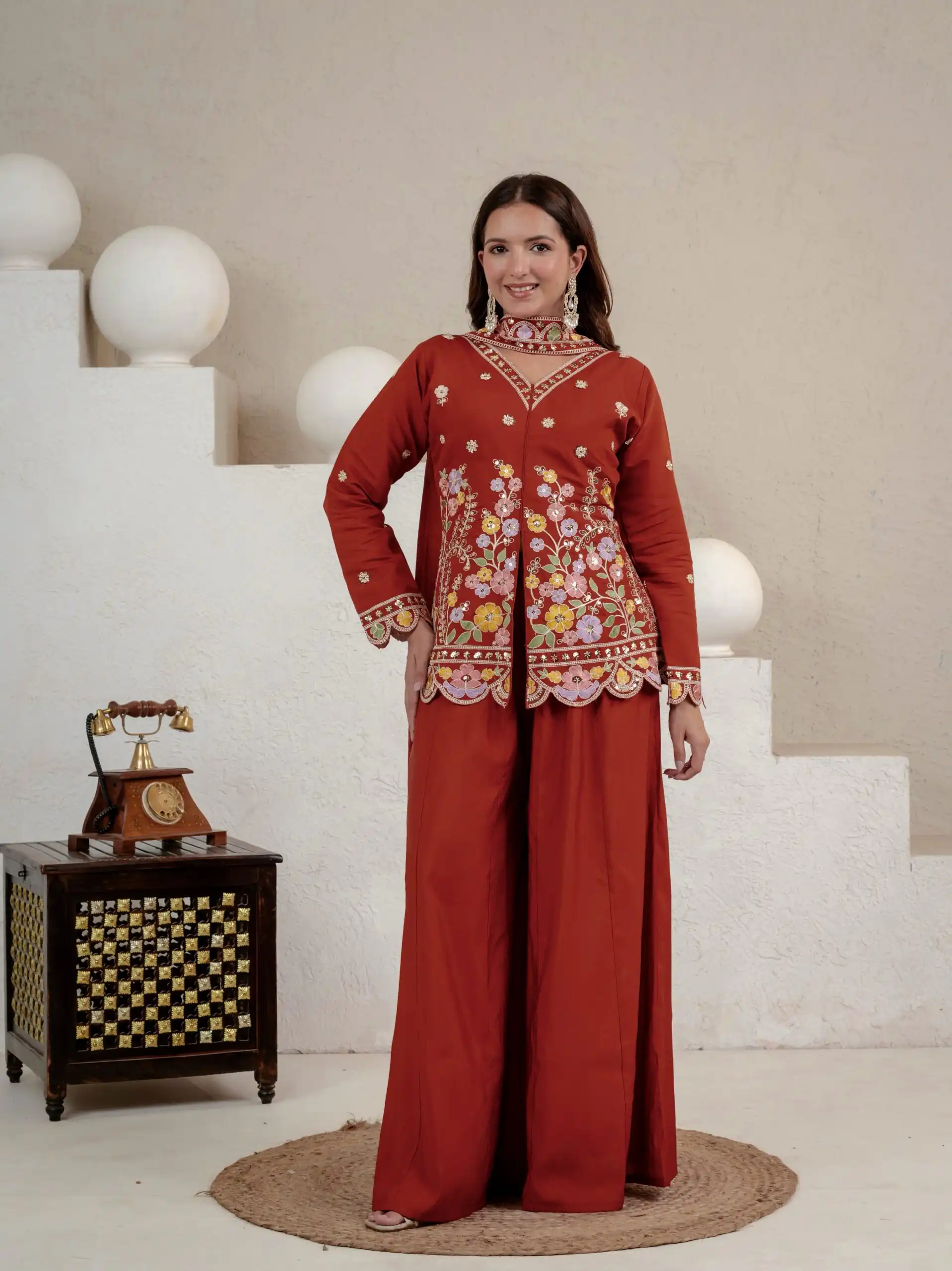 Best Rust Roman Silk Embroidery Sequins Work Salwar Suit