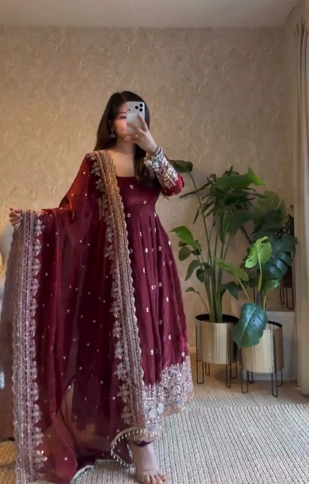 Classic Maroon Georgette Embroidery Work Gown