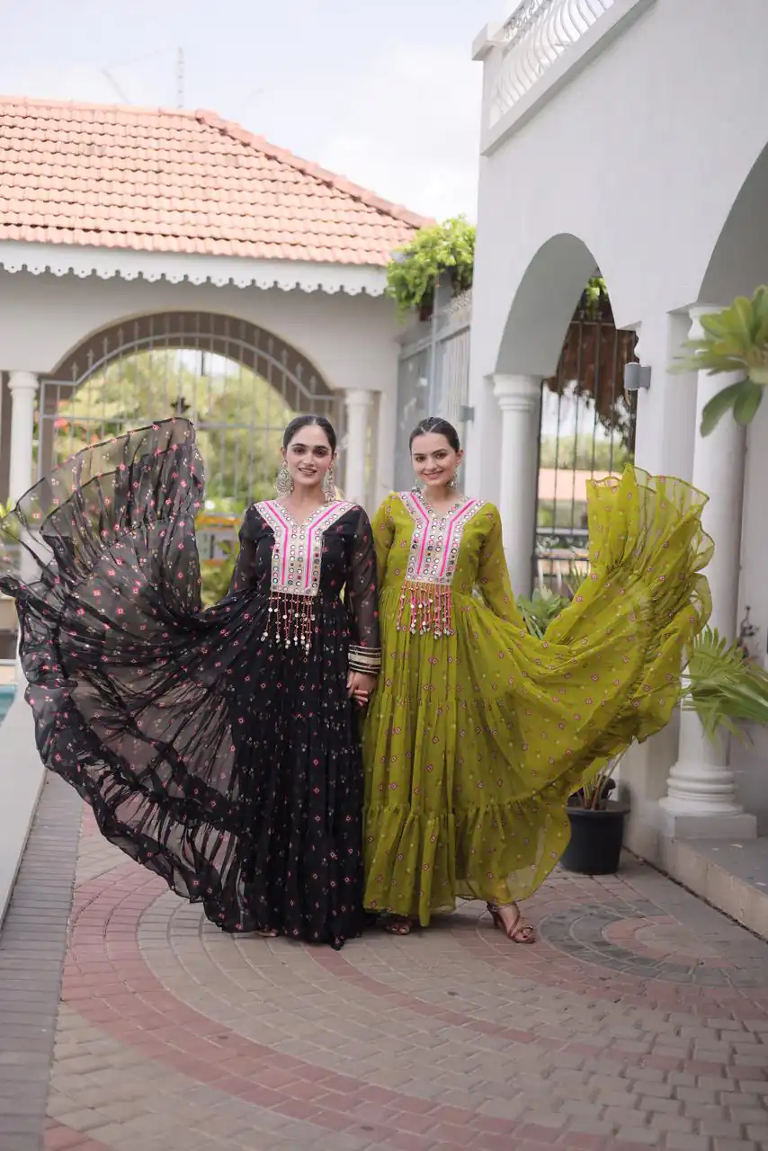 Cool Black Faux Georgette Laheriya Print Work Gown - Image 4