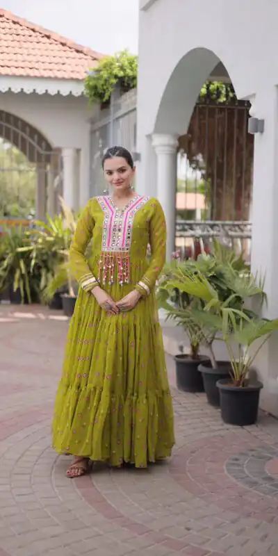Alternative view of Cool Lime Yellow Faux Georgette Laheriya Print Work Gown
