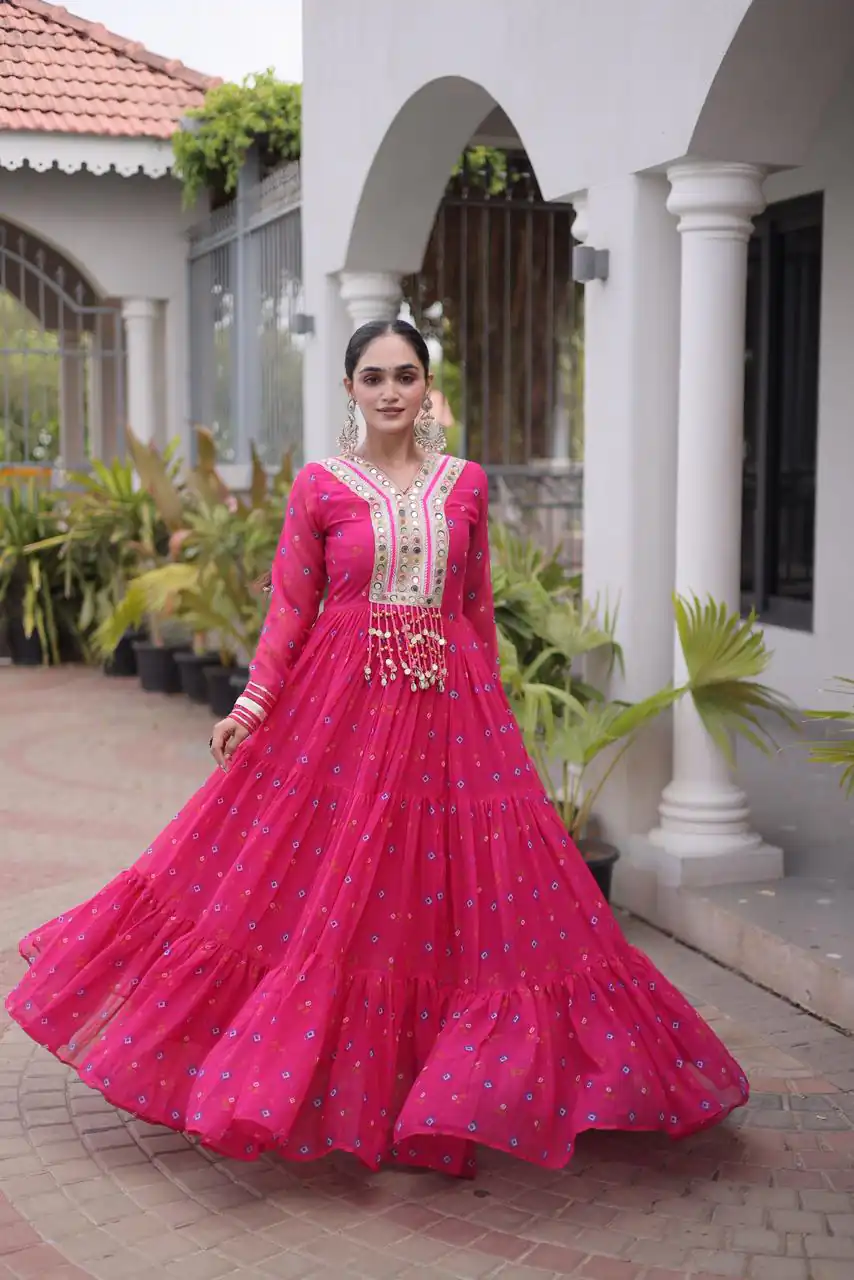 Cool Pink Faux Georgette Laheriya Print Work Gown - Image 3