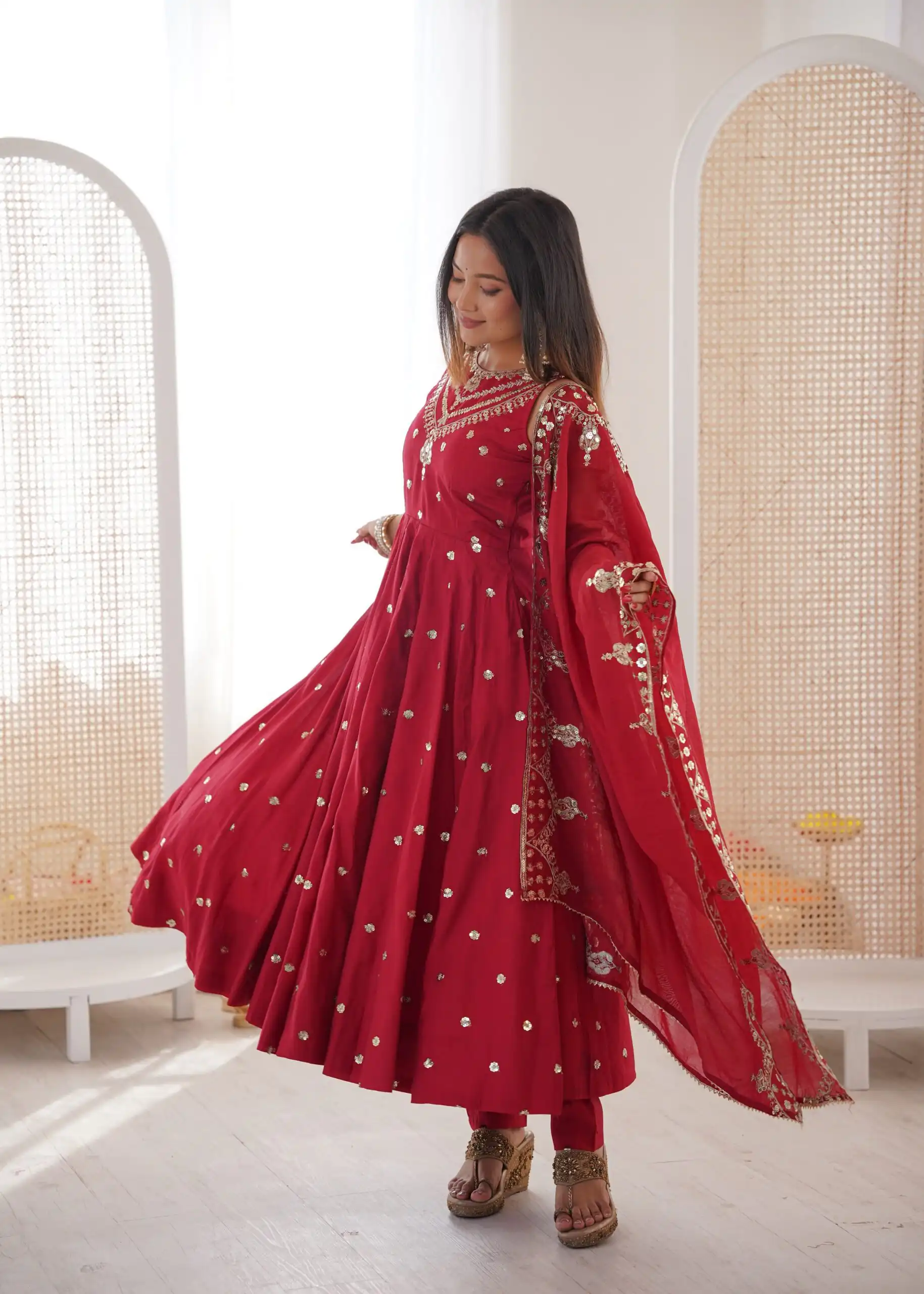 Elegant Red Roman Silk Embroidery Work Gown