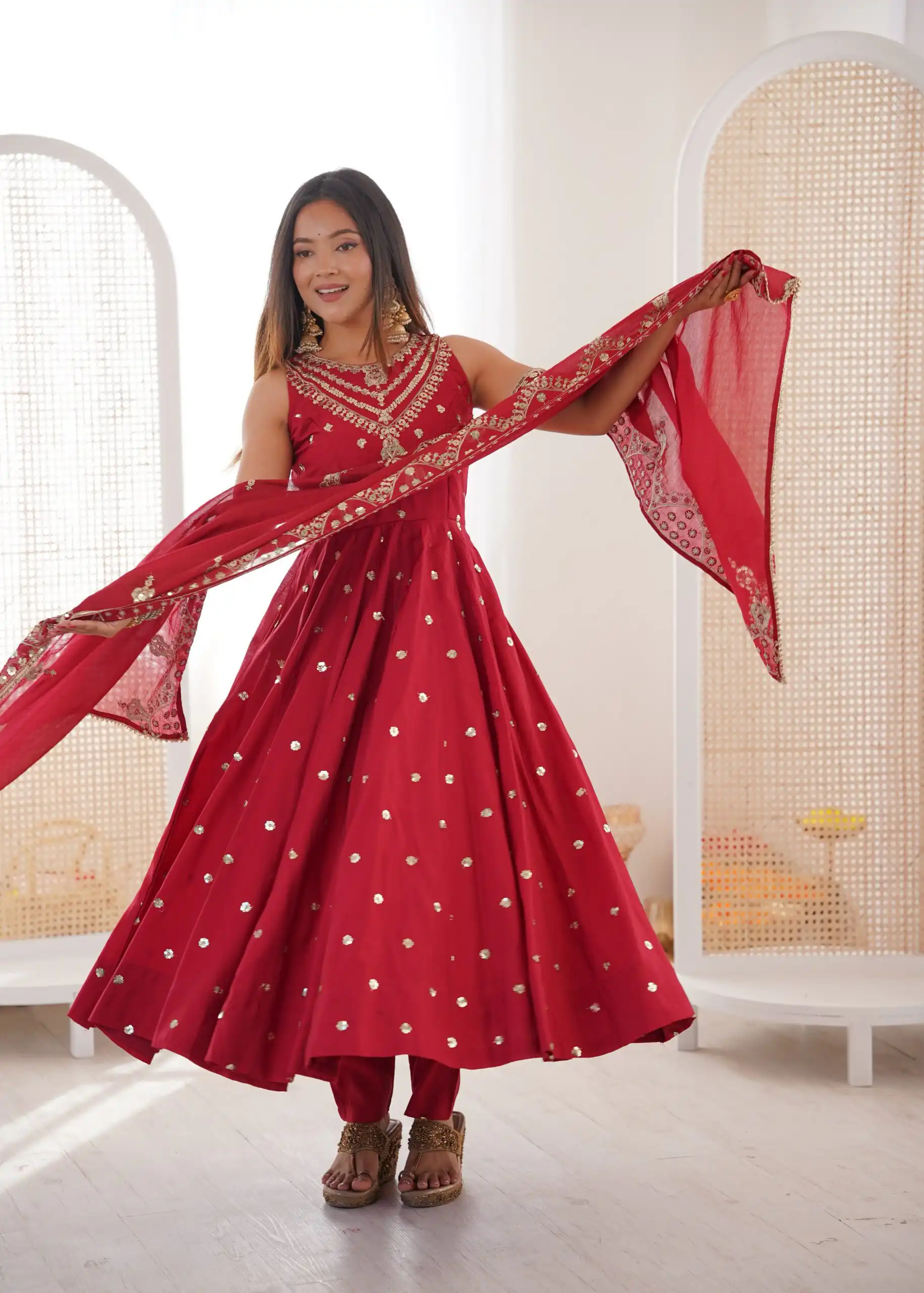 Elegant Red Roman Silk Embroidery Work Gown - Image 3