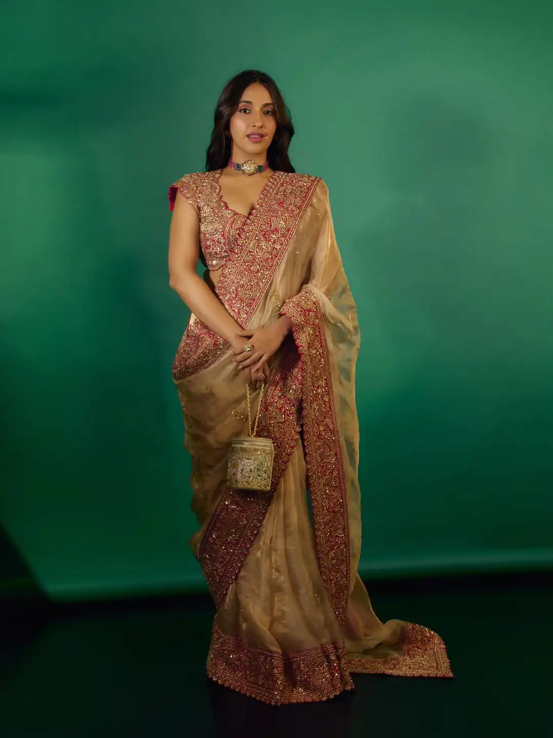 Fancy Cream Glass Organza Silk Sequence Work Saree - Image 3