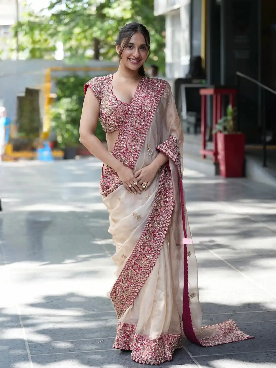 Fancy Cream Glass Organza Silk Sequence Work Saree