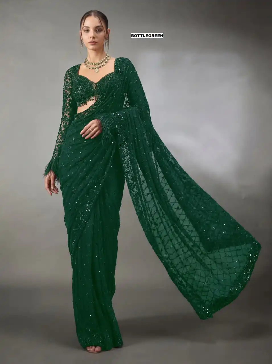 Fancy Green Faux Georgette Multi Embroider Work Saree