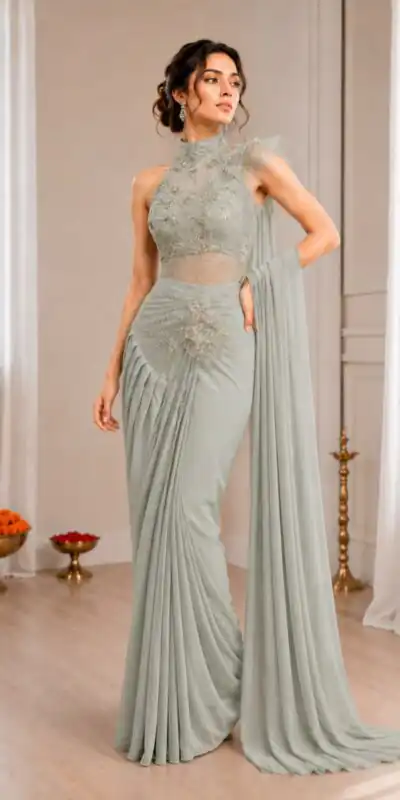 Fancy Grey Crep Silk Sequins Embroidery Work Saree
