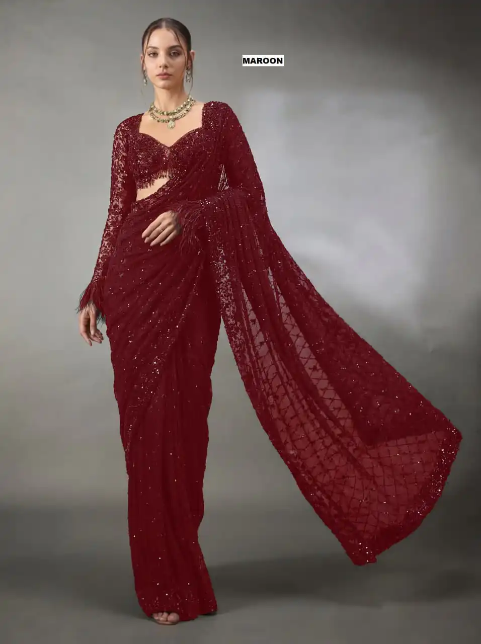 Fancy Maroon Faux Georgette Multi Embroider Work Saree