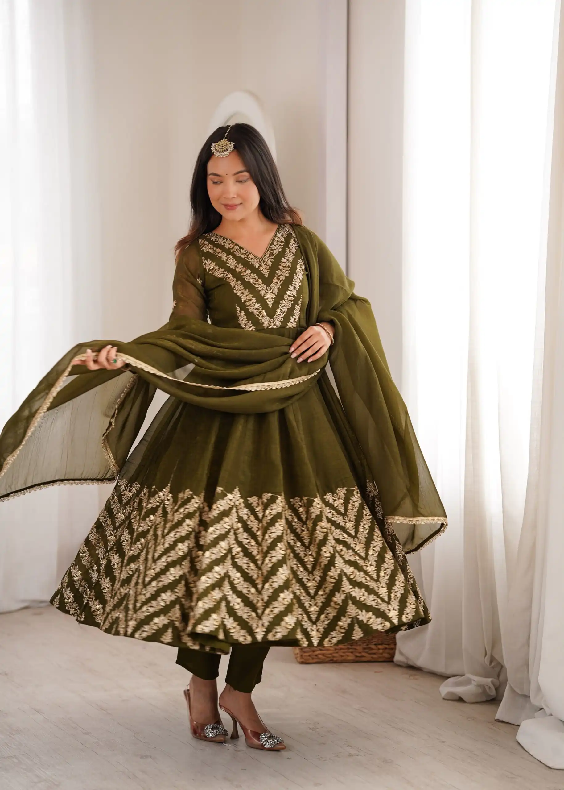 Fancy Mehandi Crunchy Silk Embroider Work Anarkali Suit - Image 12