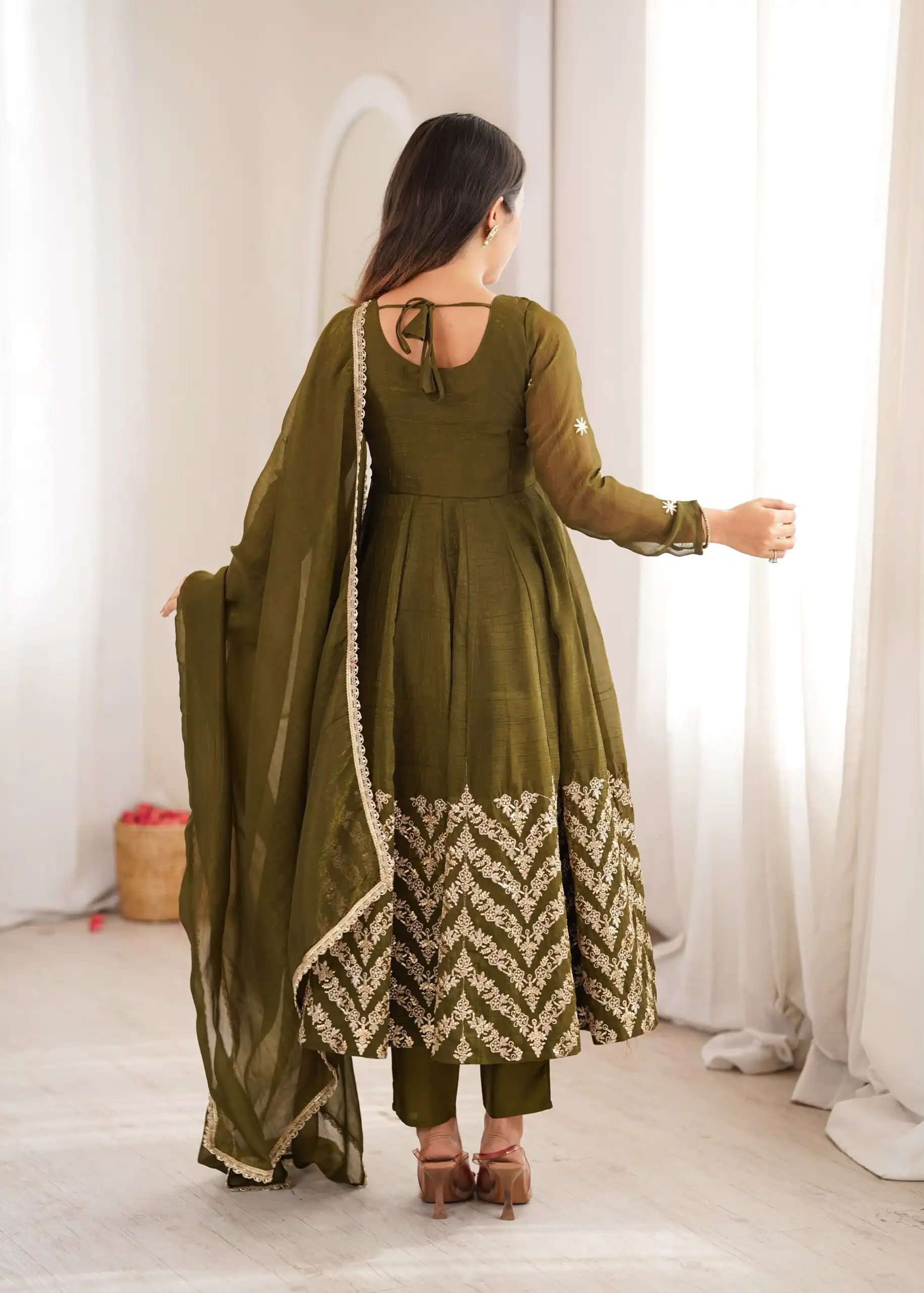 Fancy Mehandi Crunchy Silk Embroider Work Anarkali Suit - Image 8
