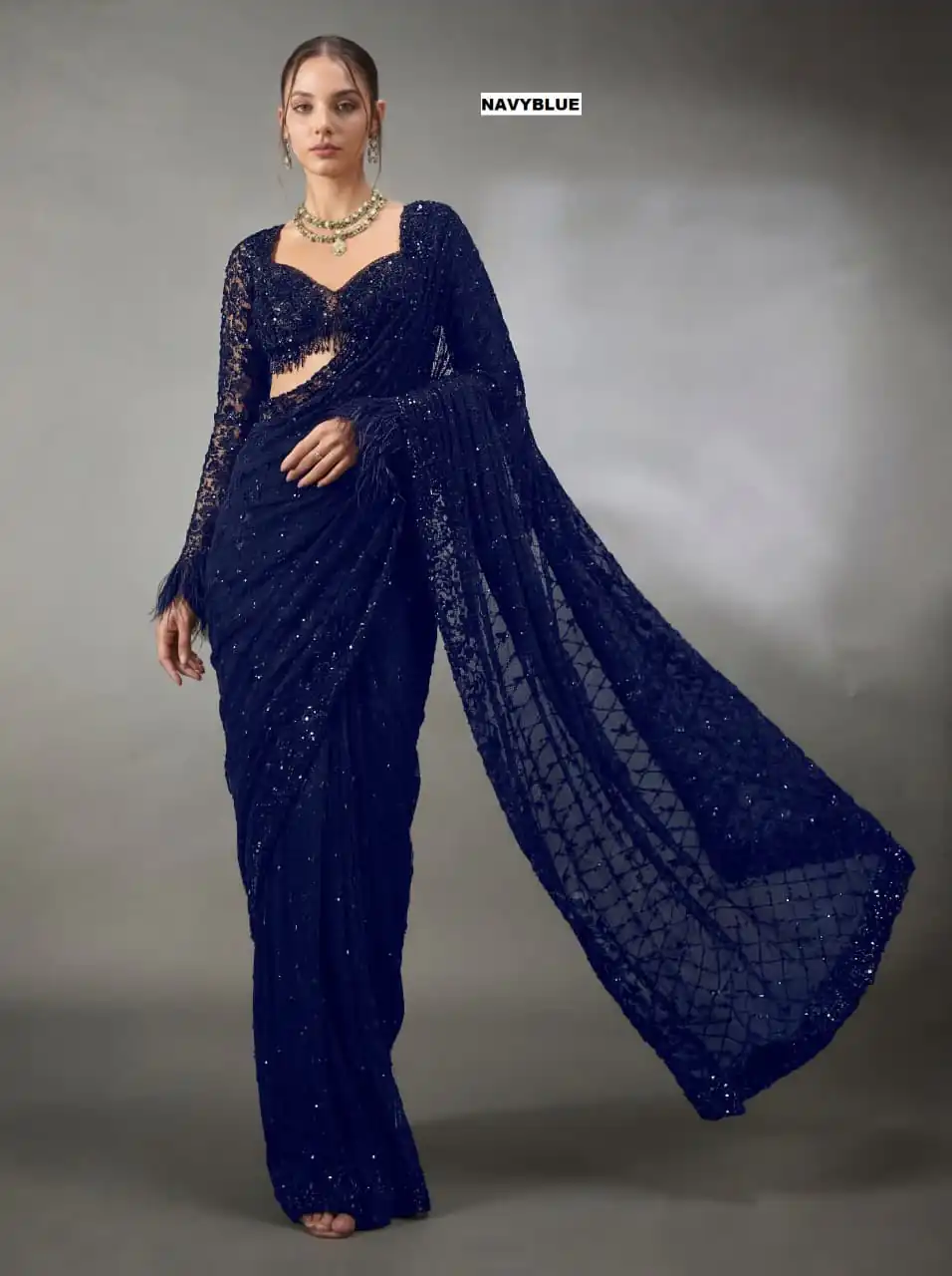 Fancy Navy Blue Faux Georgette Multi Embroider Work Saree