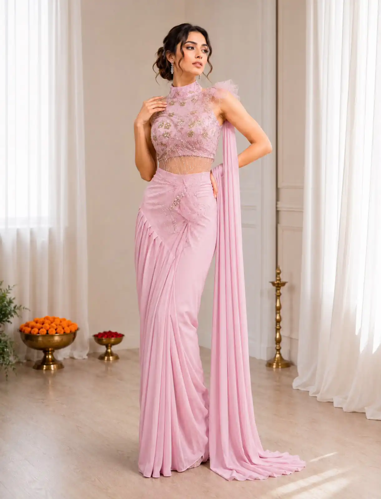 Fancy Pink Crep Silk Sequins Embroidery Work Saree - Image 2