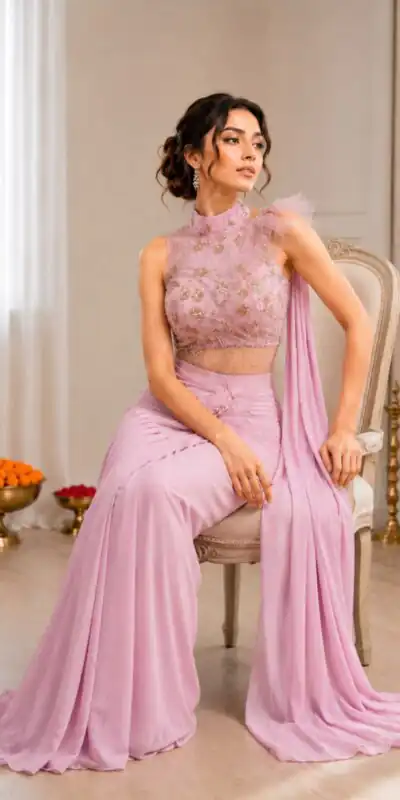 Fancy Pink Crep Silk Sequins Embroidery Work Saree
