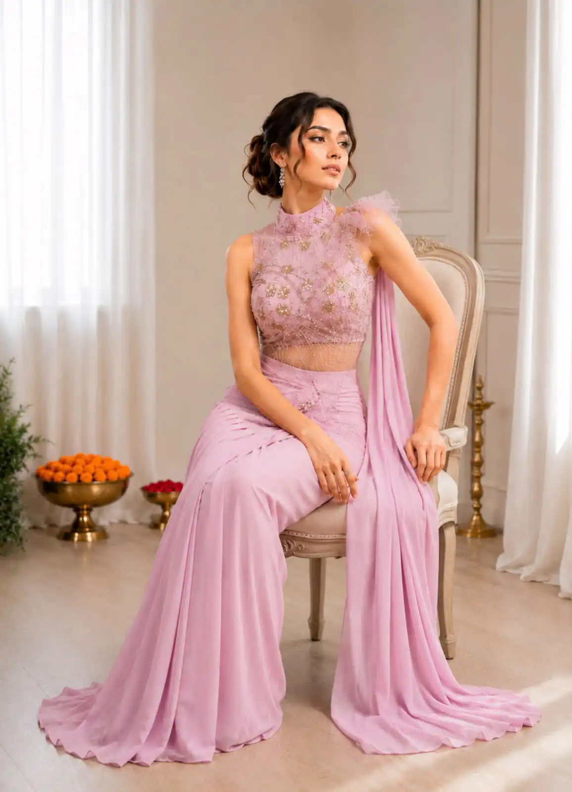 Fancy Pink Crep Silk Sequins Embroidery Work Saree