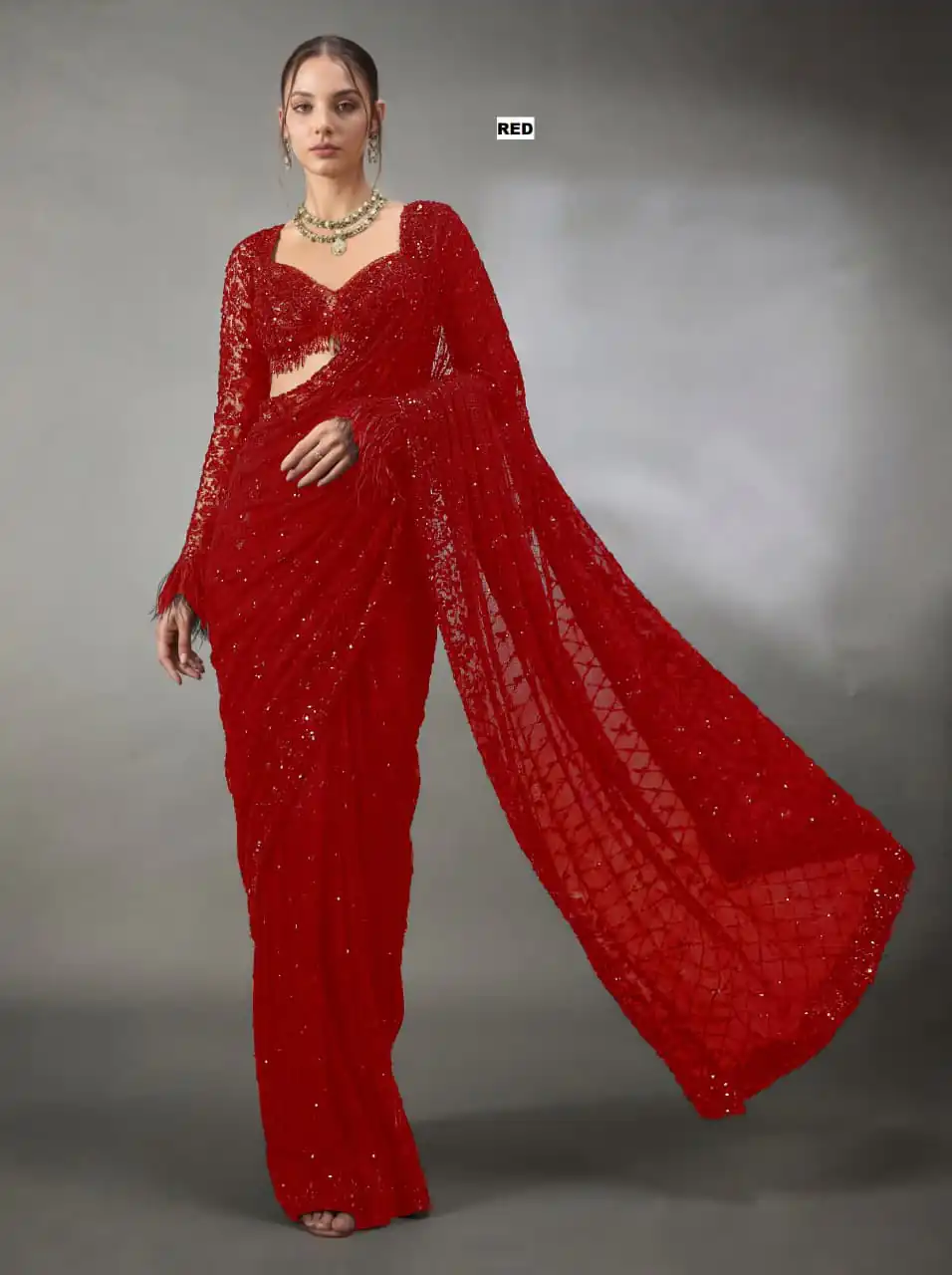 Fancy Red Faux Georgette Multi Embroider Work Saree