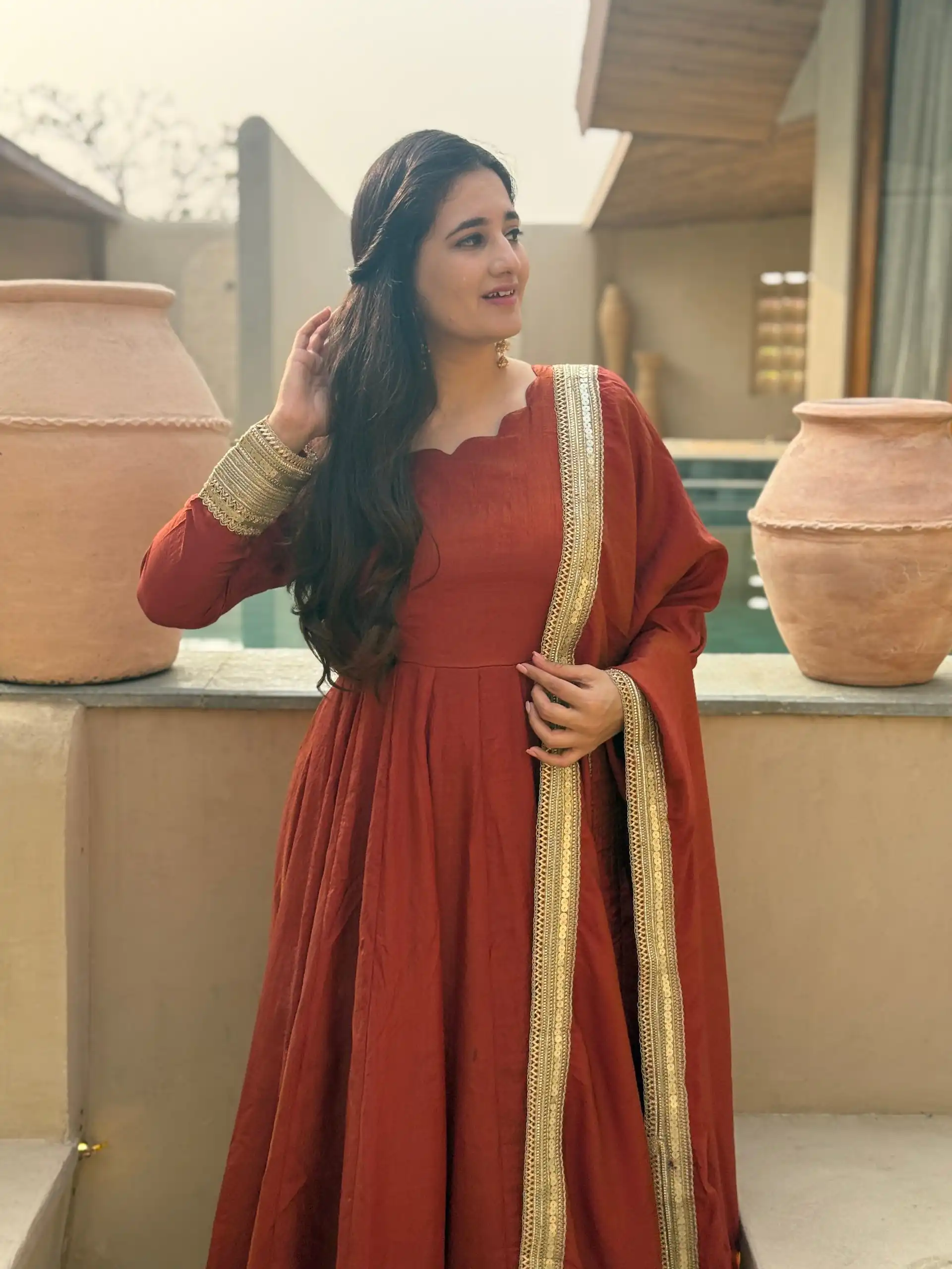 Fancy Rust NC Vichitra Embroidery Work Anarkali Suit - Image 8