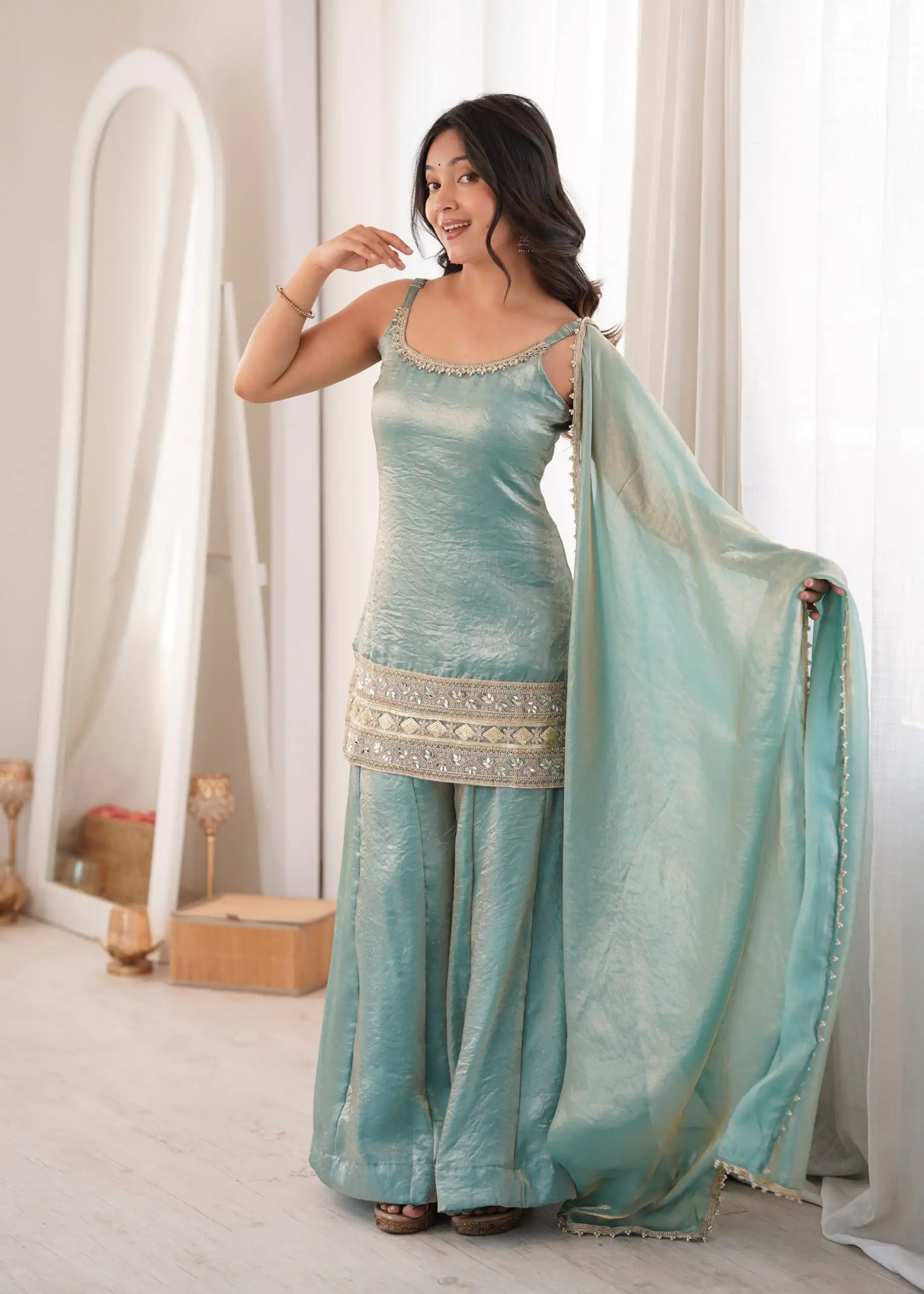 Fancy Sea Green Doremon Crush Embroider Work Salwar Suit - Image 9