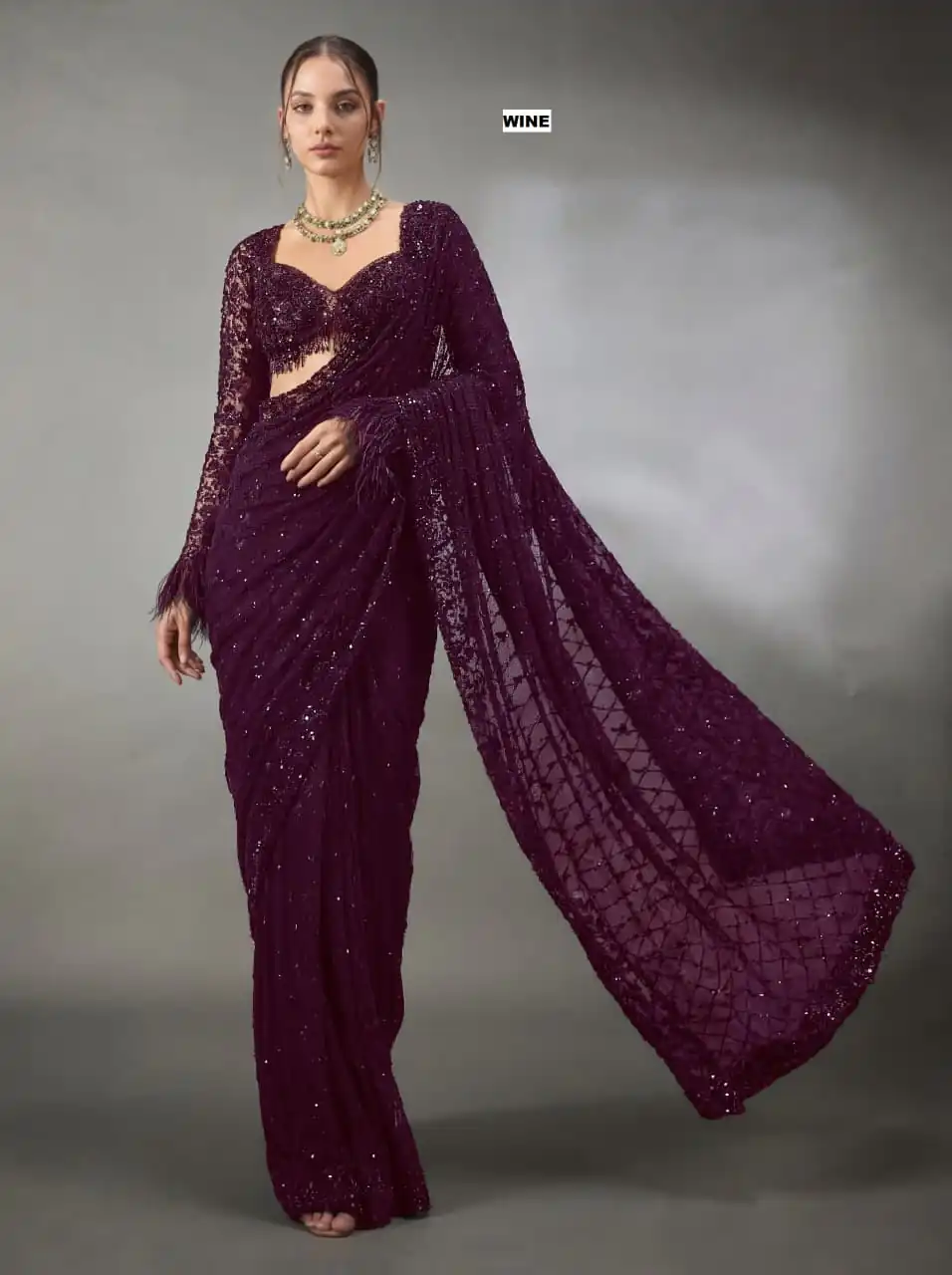 Fancy Wine Faux Georgette Multi Embroider Work Saree