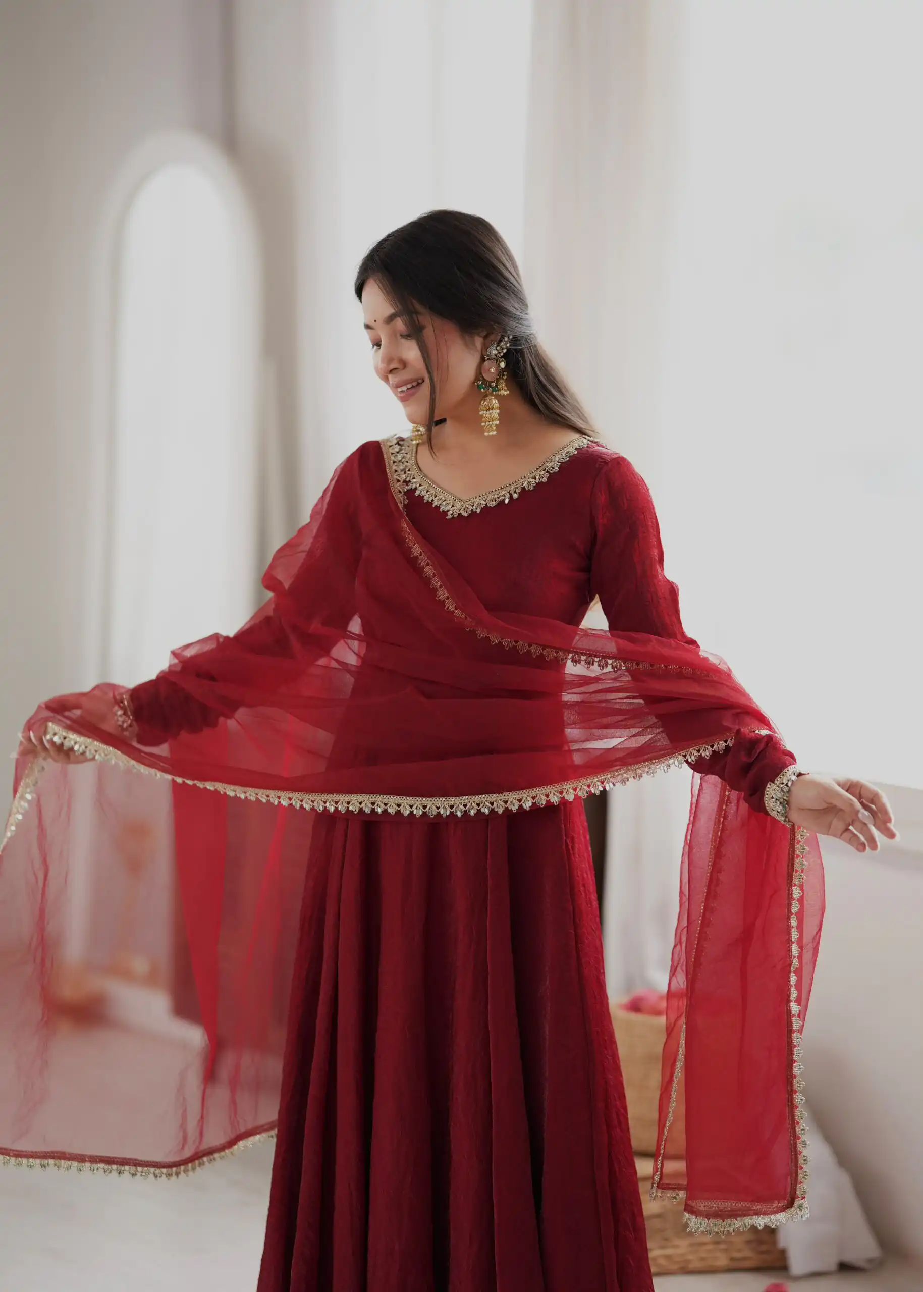 Glowing Maroon Doremon Crush Mirror Work Gown - Image 10