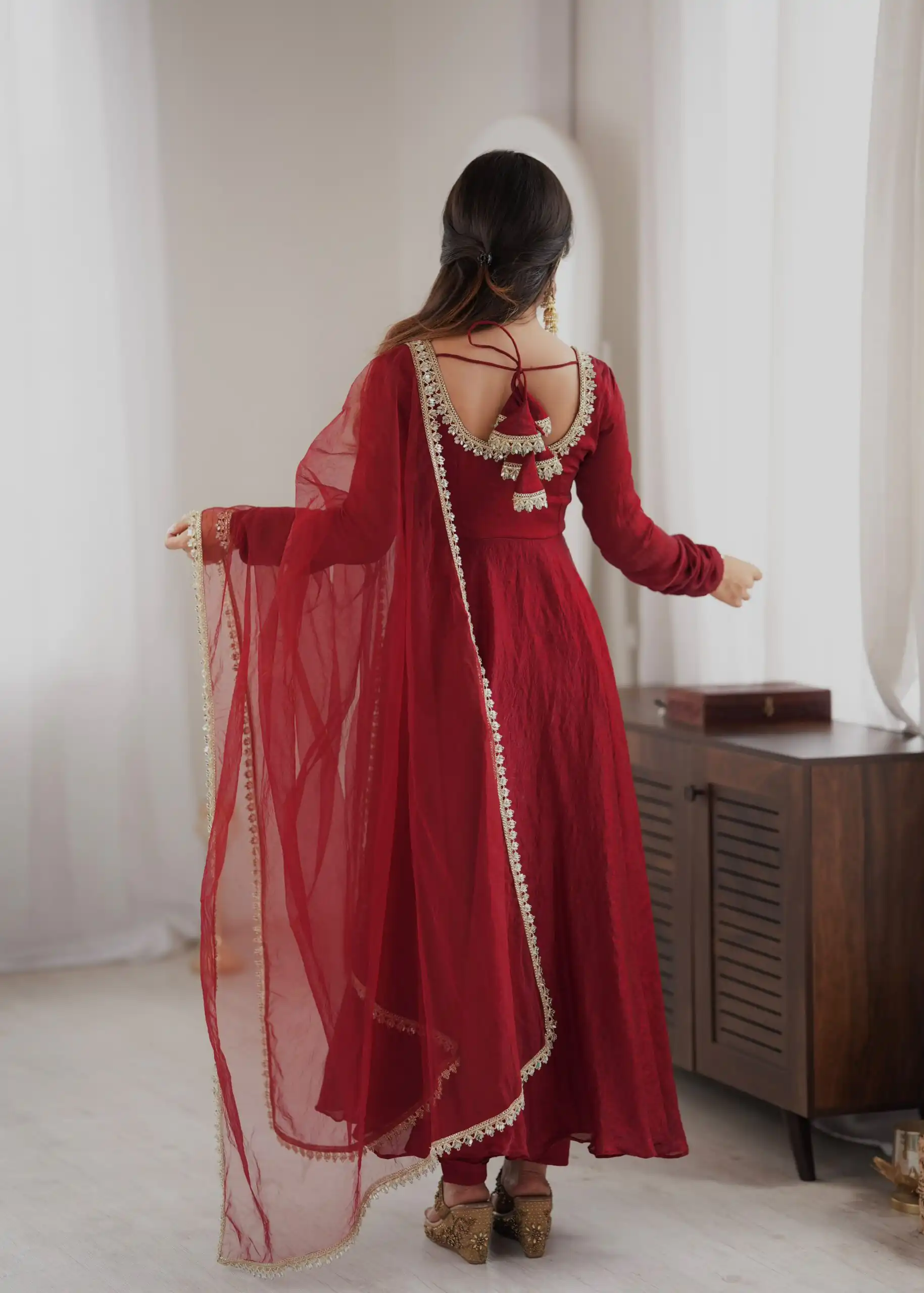 Glowing Maroon Doremon Crush Mirror Work Gown - Image 2