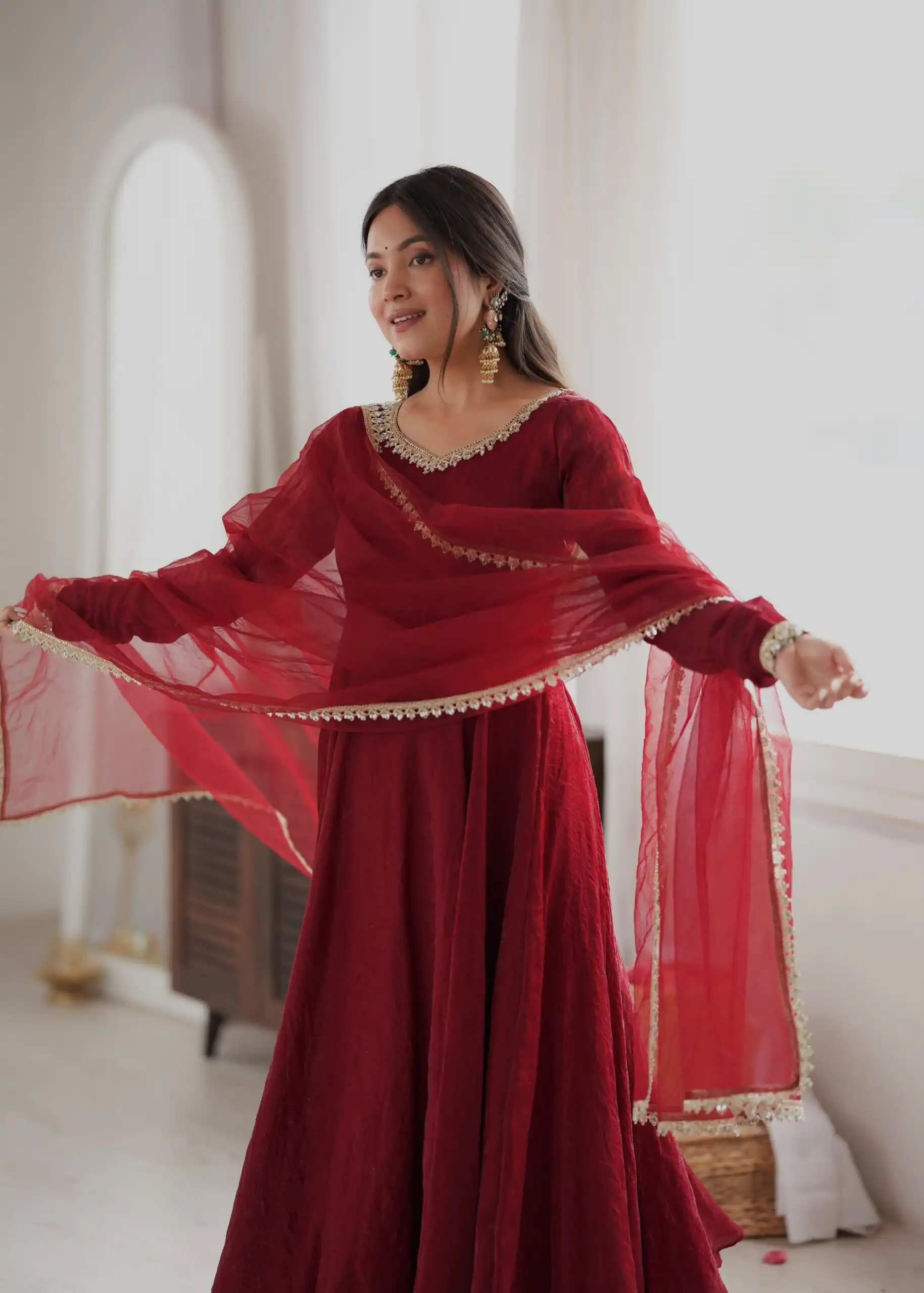 Glowing Maroon Doremon Crush Mirror Work Gown - Image 13