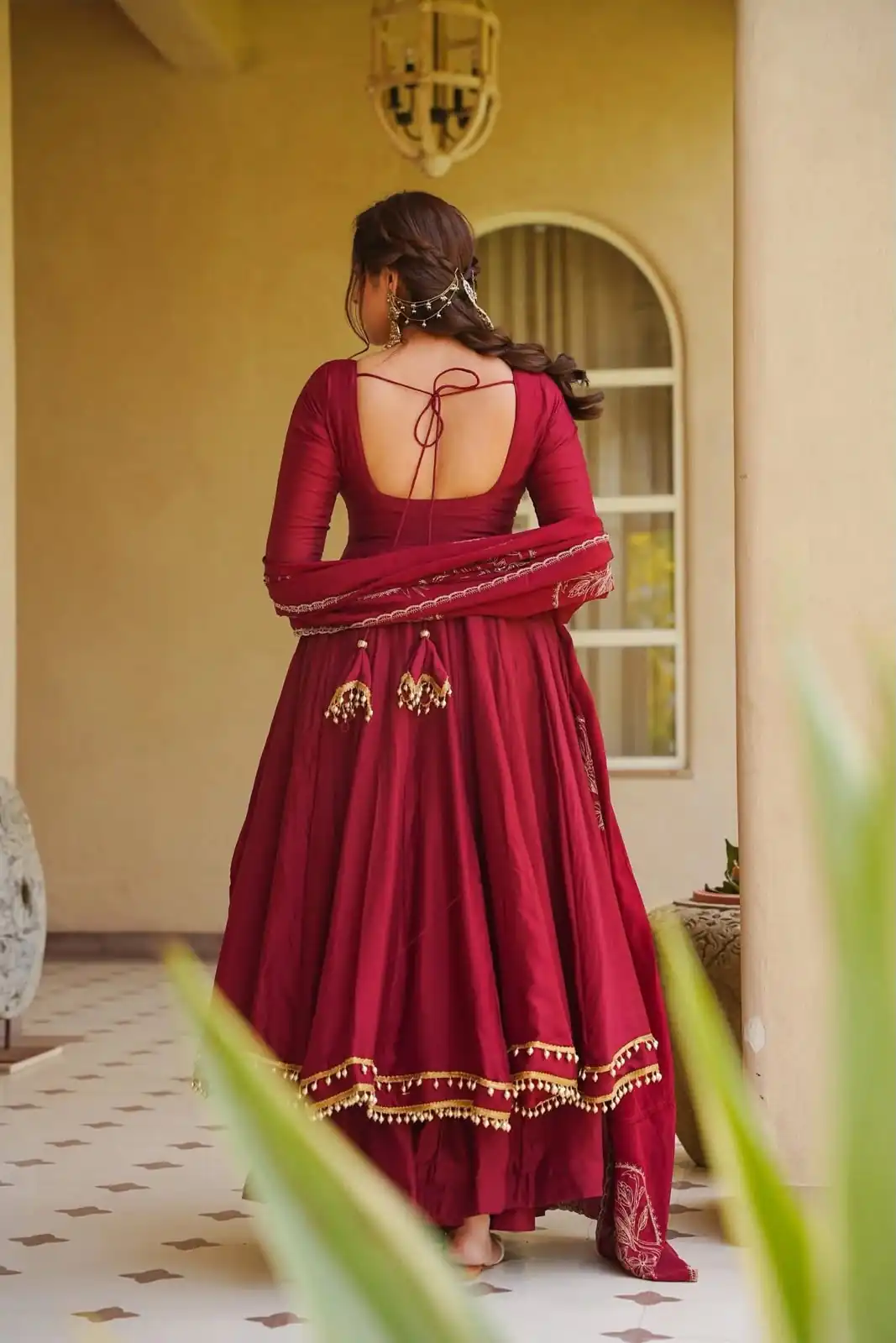 Glowing Maroon Roman Silk Embroidery Work Anarkali Suit - Image 6