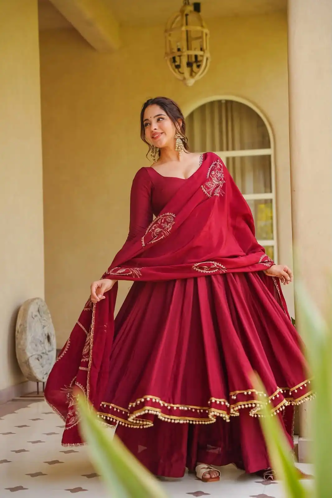 Glowing Maroon Roman Silk Embroidery Work Anarkali Suit - Image 2