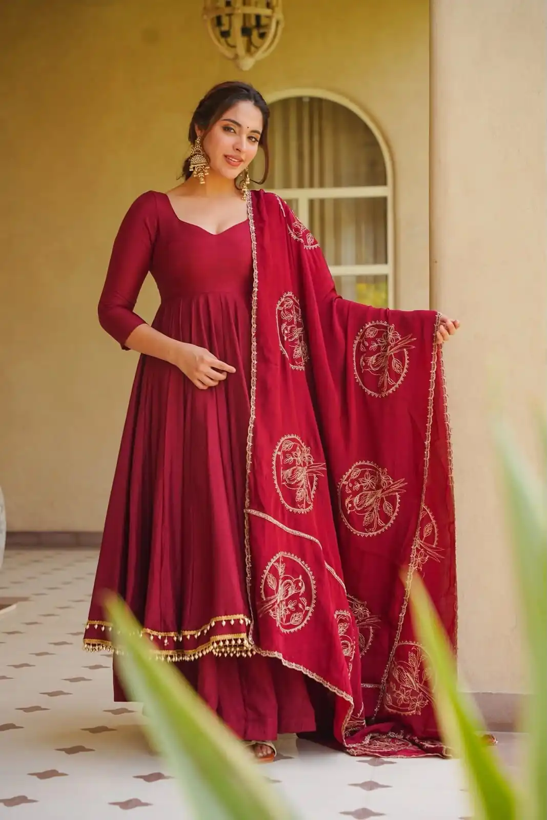 Glowing Maroon Roman Silk Embroidery Work Anarkali Suit