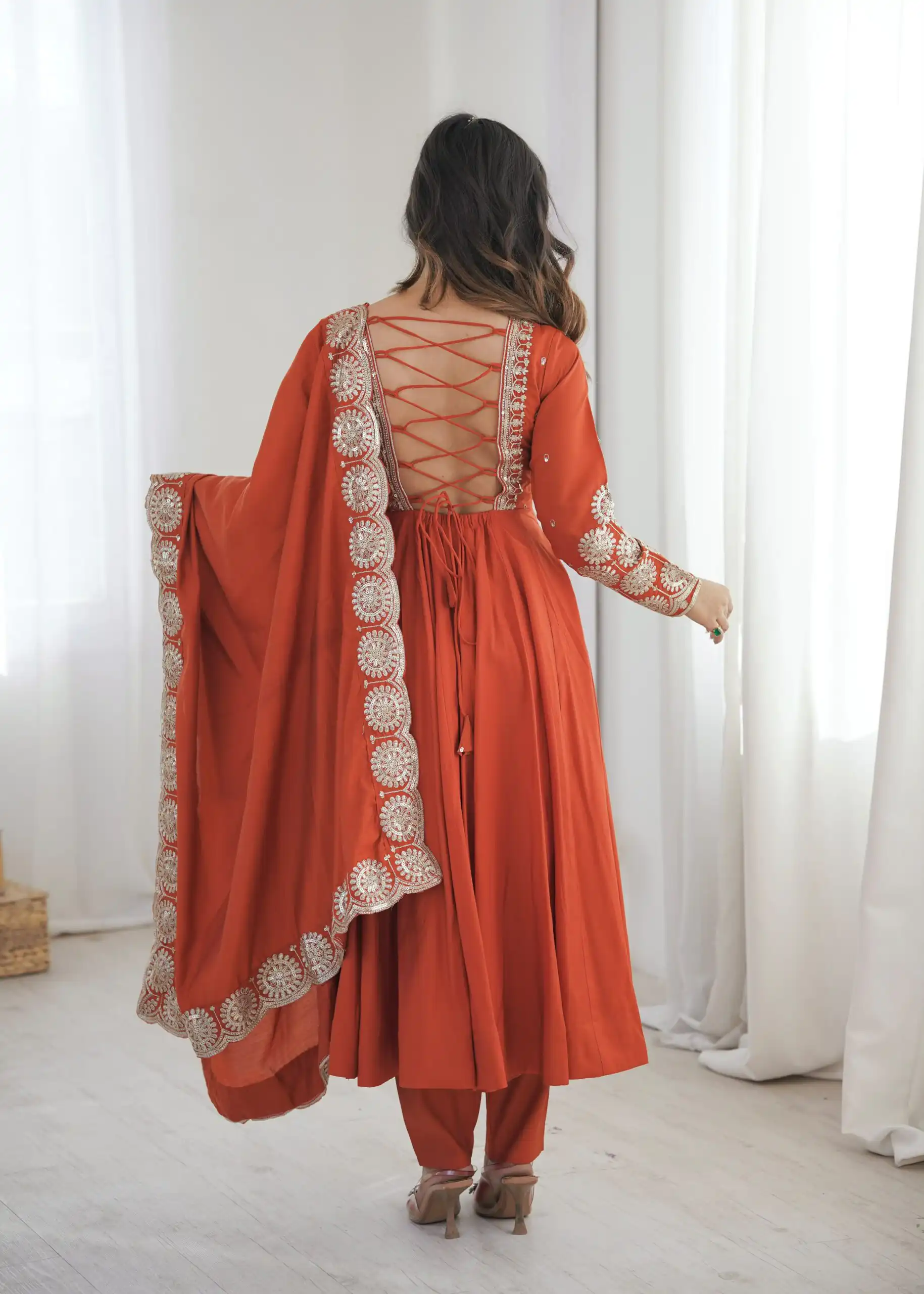 Glowing Orange Roman Silk Embroidery Work Anarkali Suit - Image 6