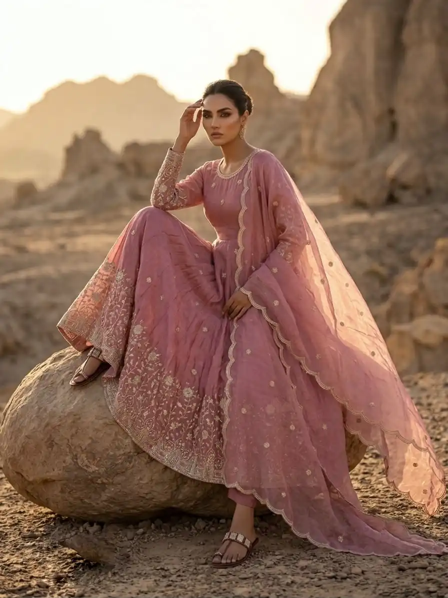Glowing Peach Fendy Silk Sequins Thread Work Gown - Image 4