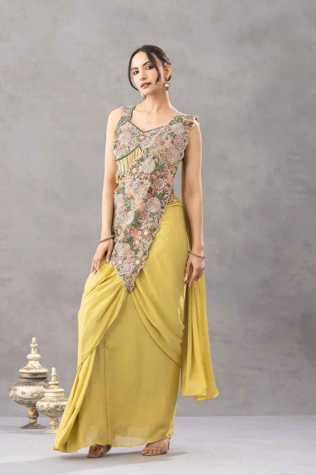 Gorgeous Lemon Yellow Chinon Embroidery Work Saree - Image 3