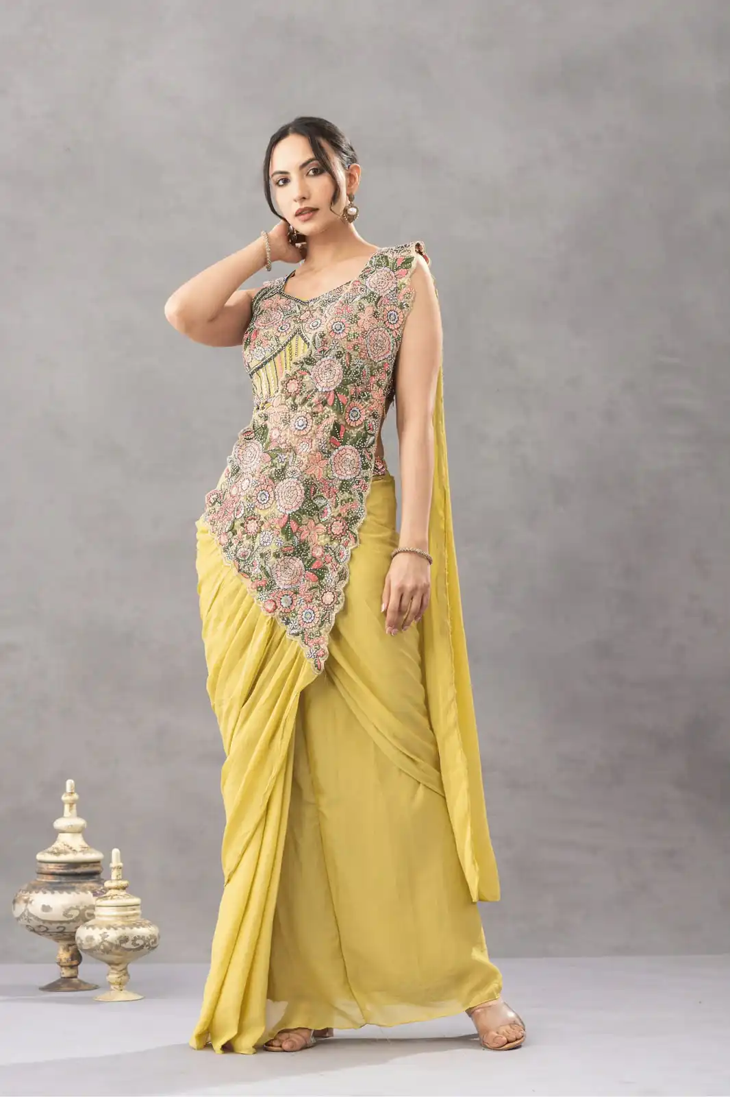 Gorgeous Lemon Yellow Chinon Embroidery Work Saree