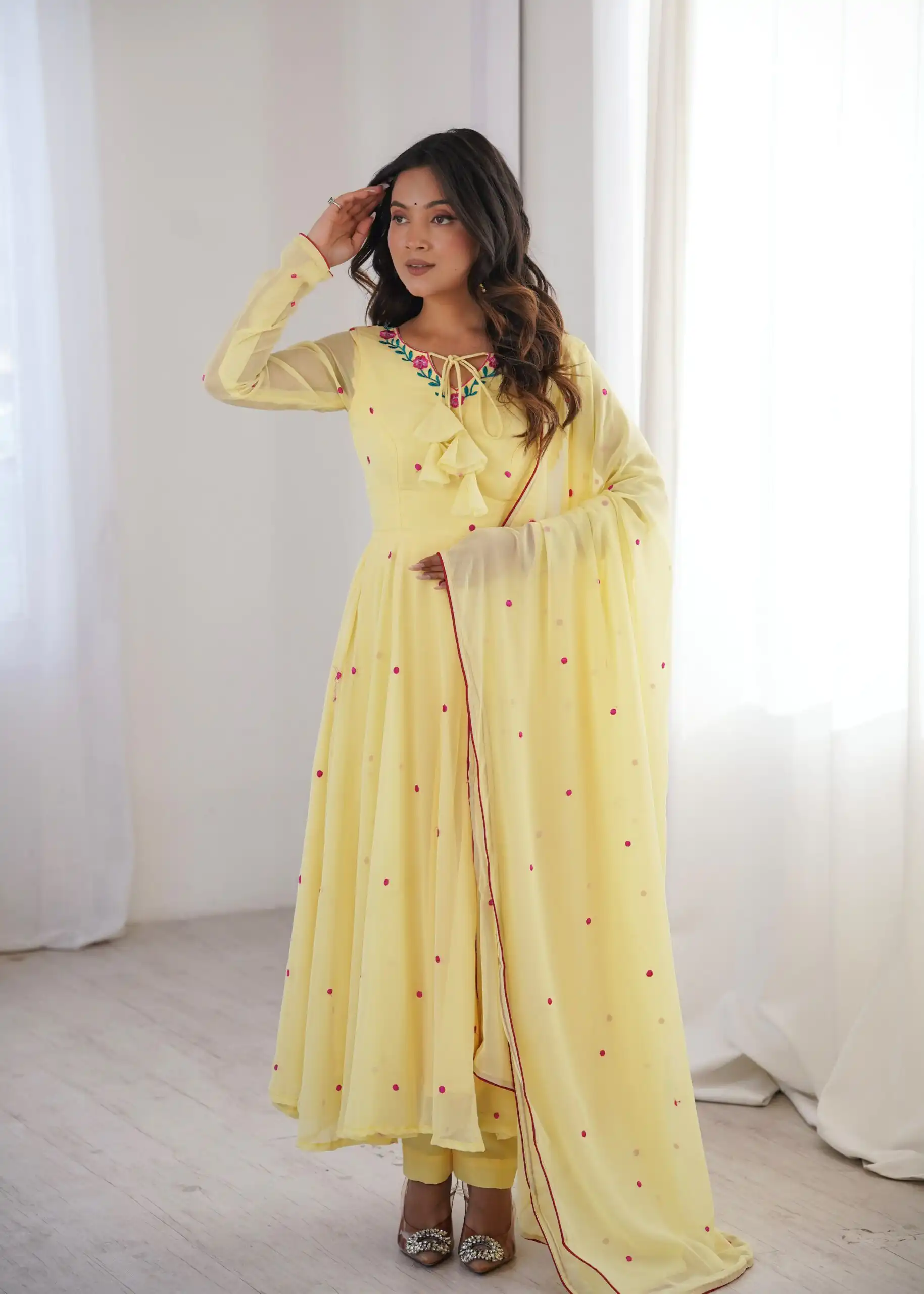 Gorgeous Yellow Faux Georgette Embroidery Work Salwar Suit