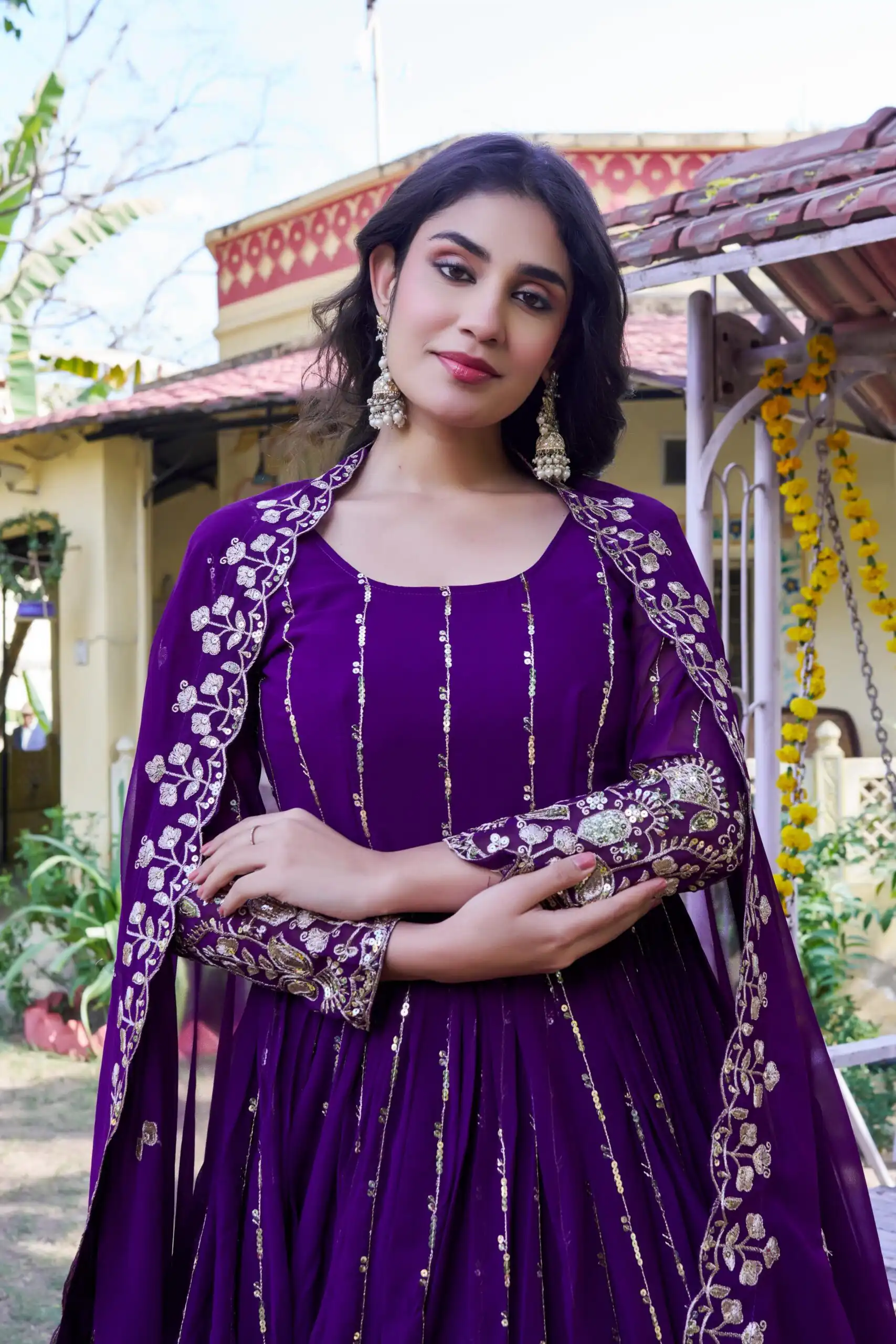 Great Purple Fox Georgette Embroidery Sequins Work Gown