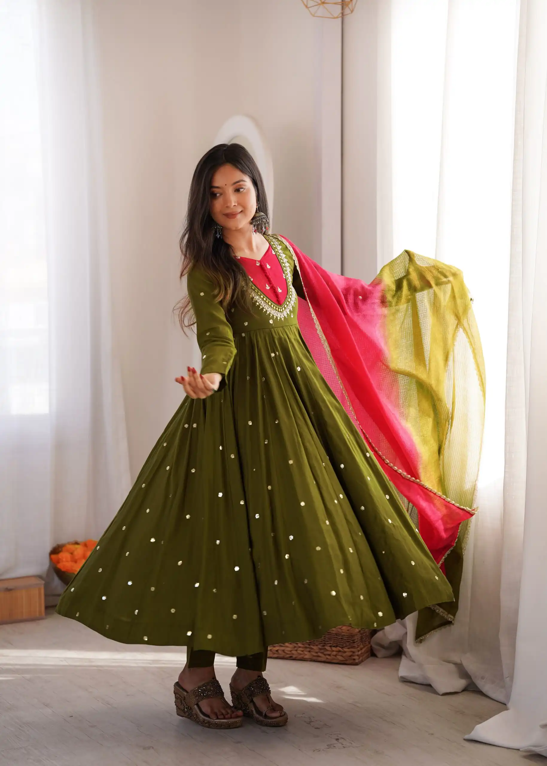 Lovely Mehandi Roman Silk Mirror Embroidery Work Gown - Image 9