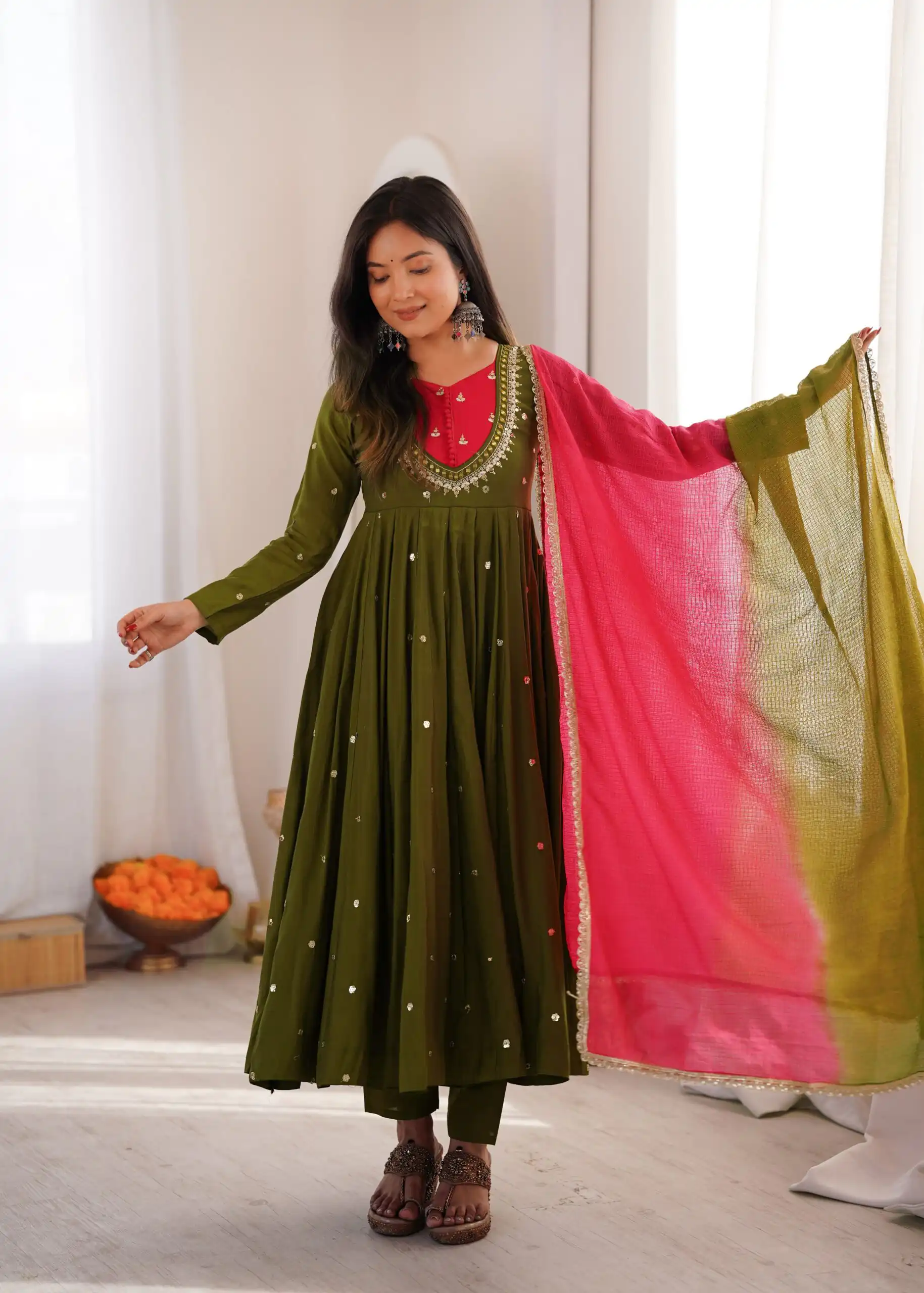 Lovely Mehandi Roman Silk Mirror Embroidery Work Gown - Image 7
