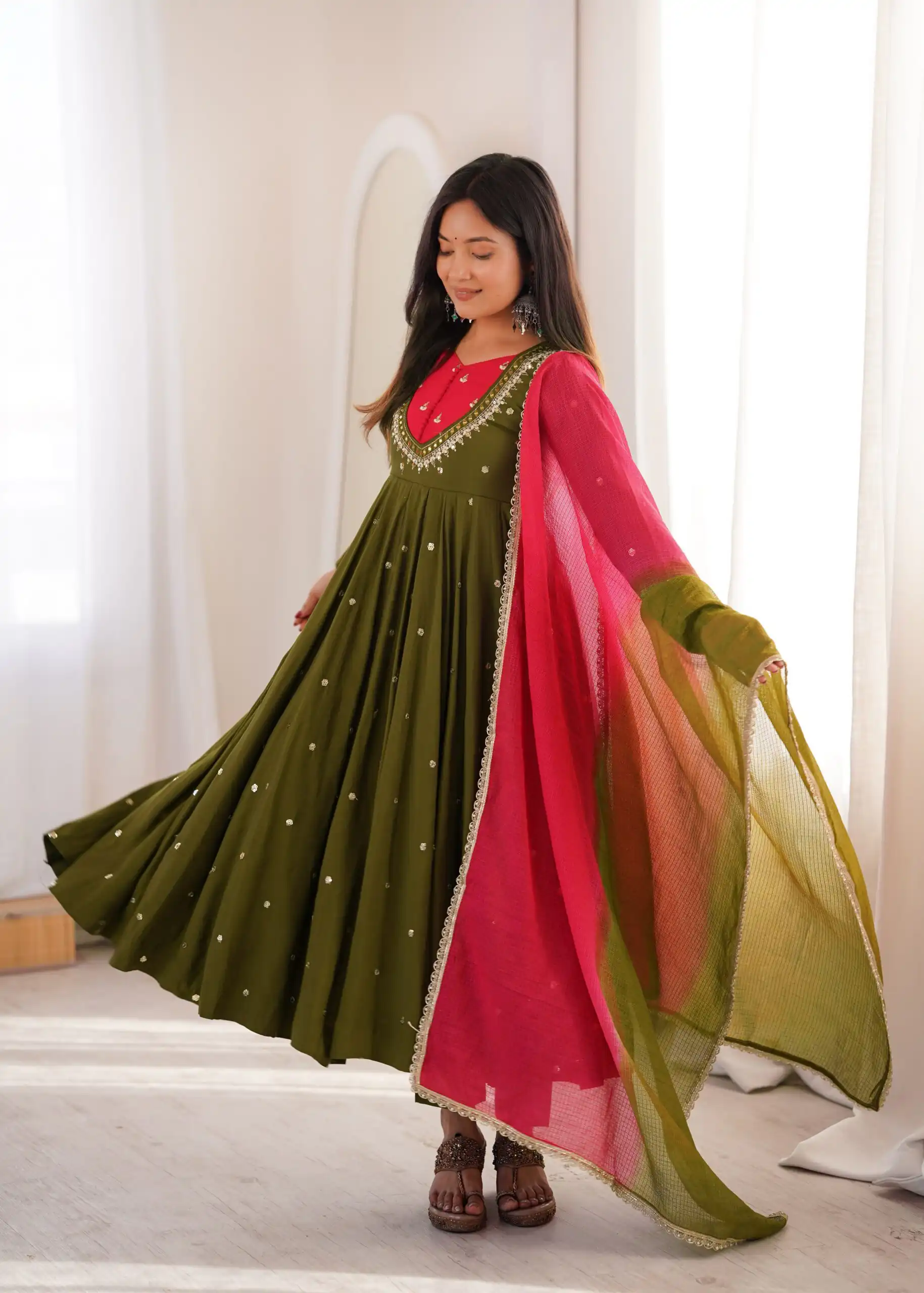Lovely Mehandi Roman Silk Mirror Embroidery Work Gown - Image 6