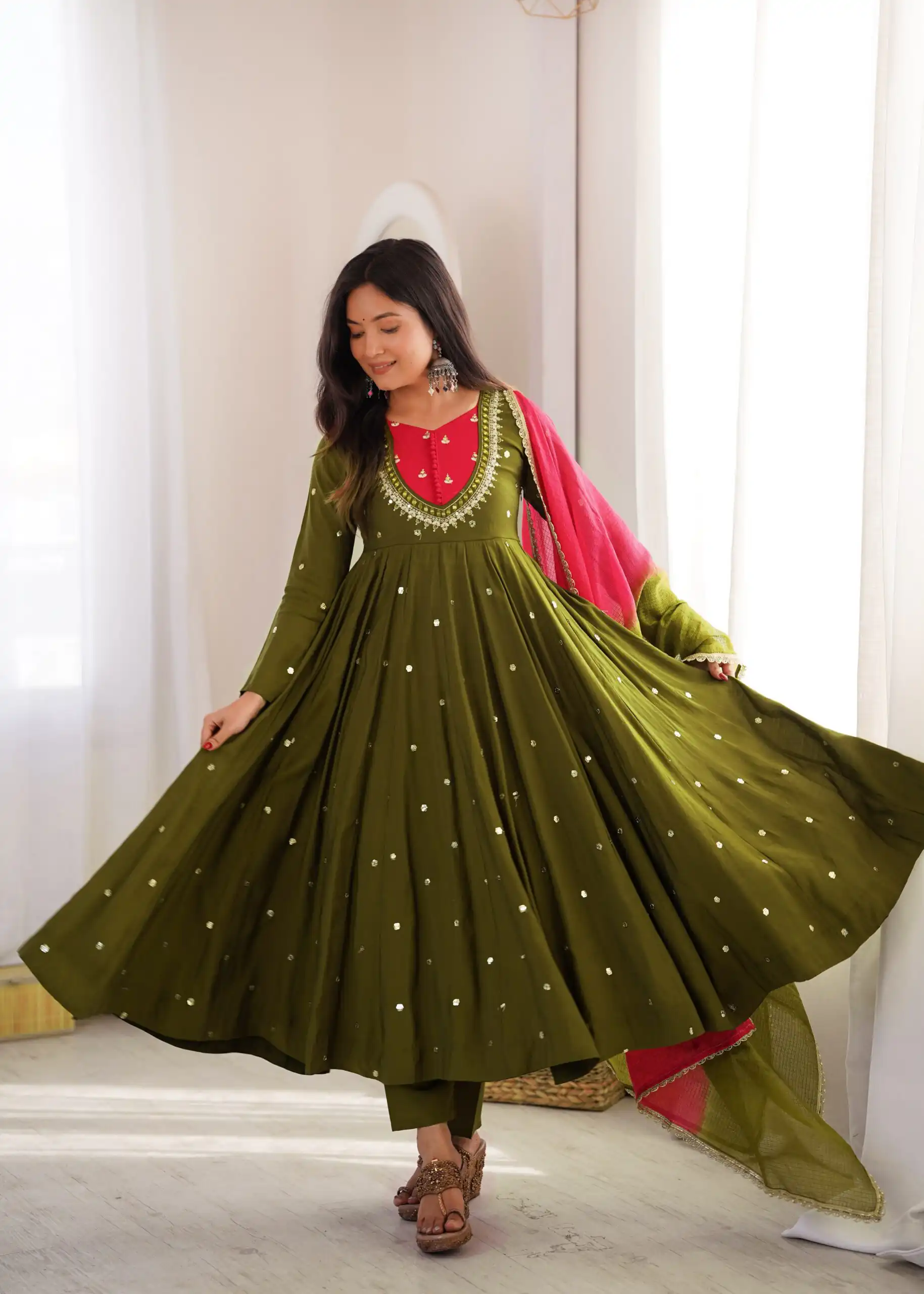 Lovely Mehandi Roman Silk Mirror Embroidery Work Gown - Image 2