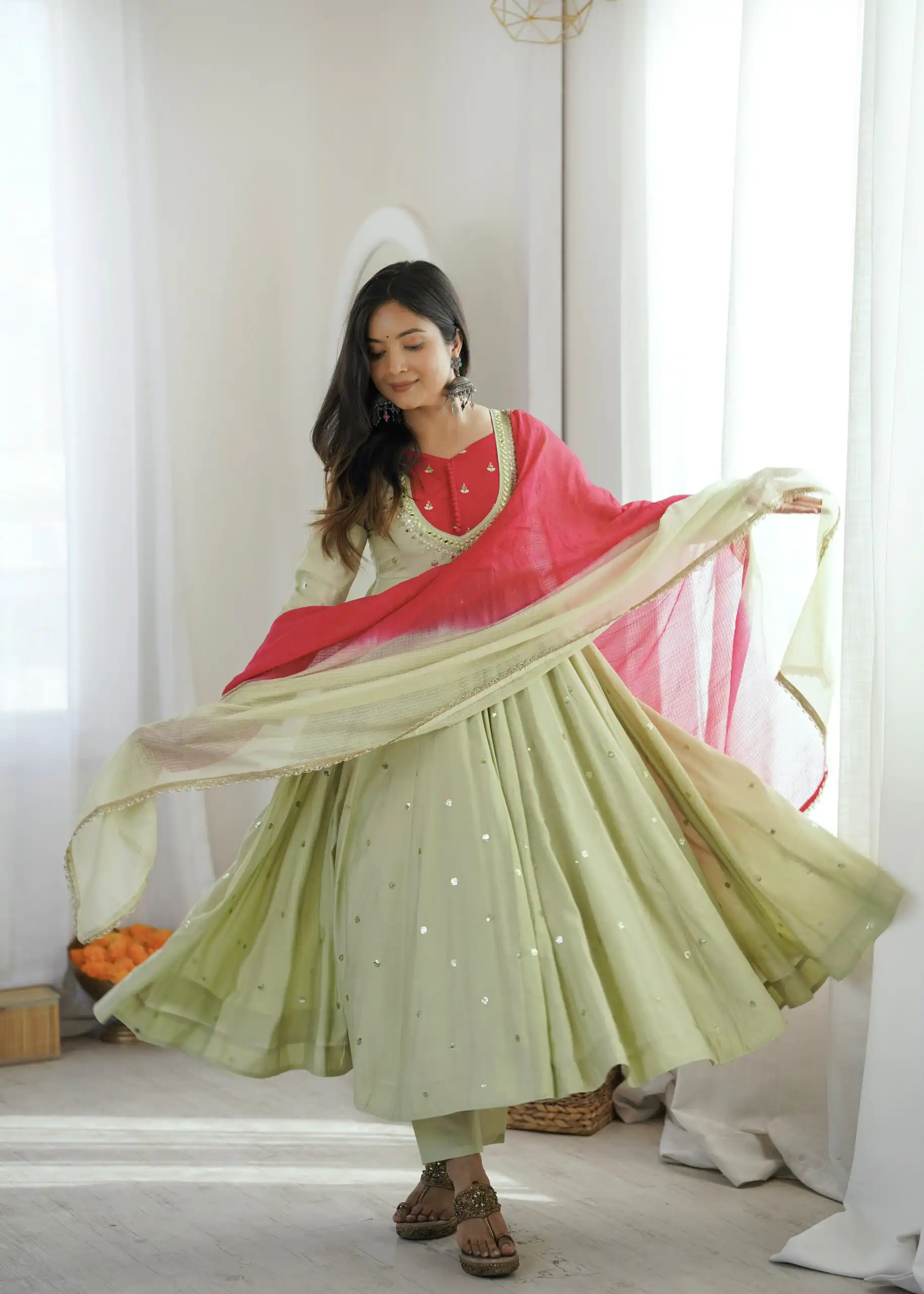 Lovely Pista Roman Silk Mirror Embroidery Work Gown - Image 12