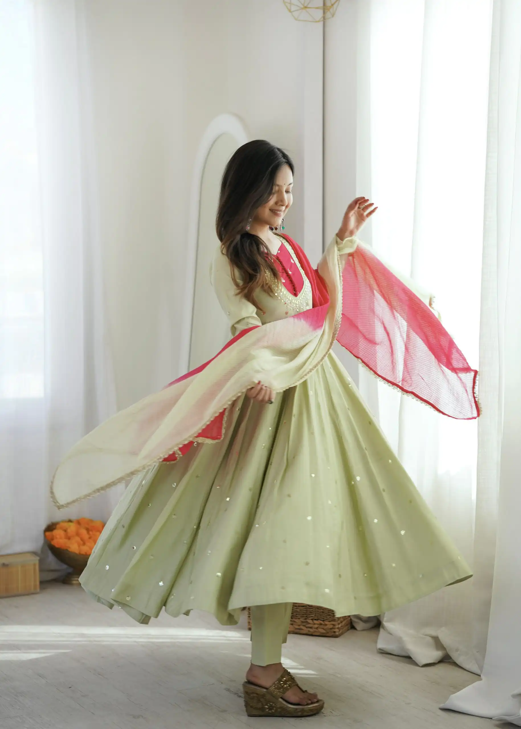Lovely Pista Roman Silk Mirror Embroidery Work Gown - Image 11