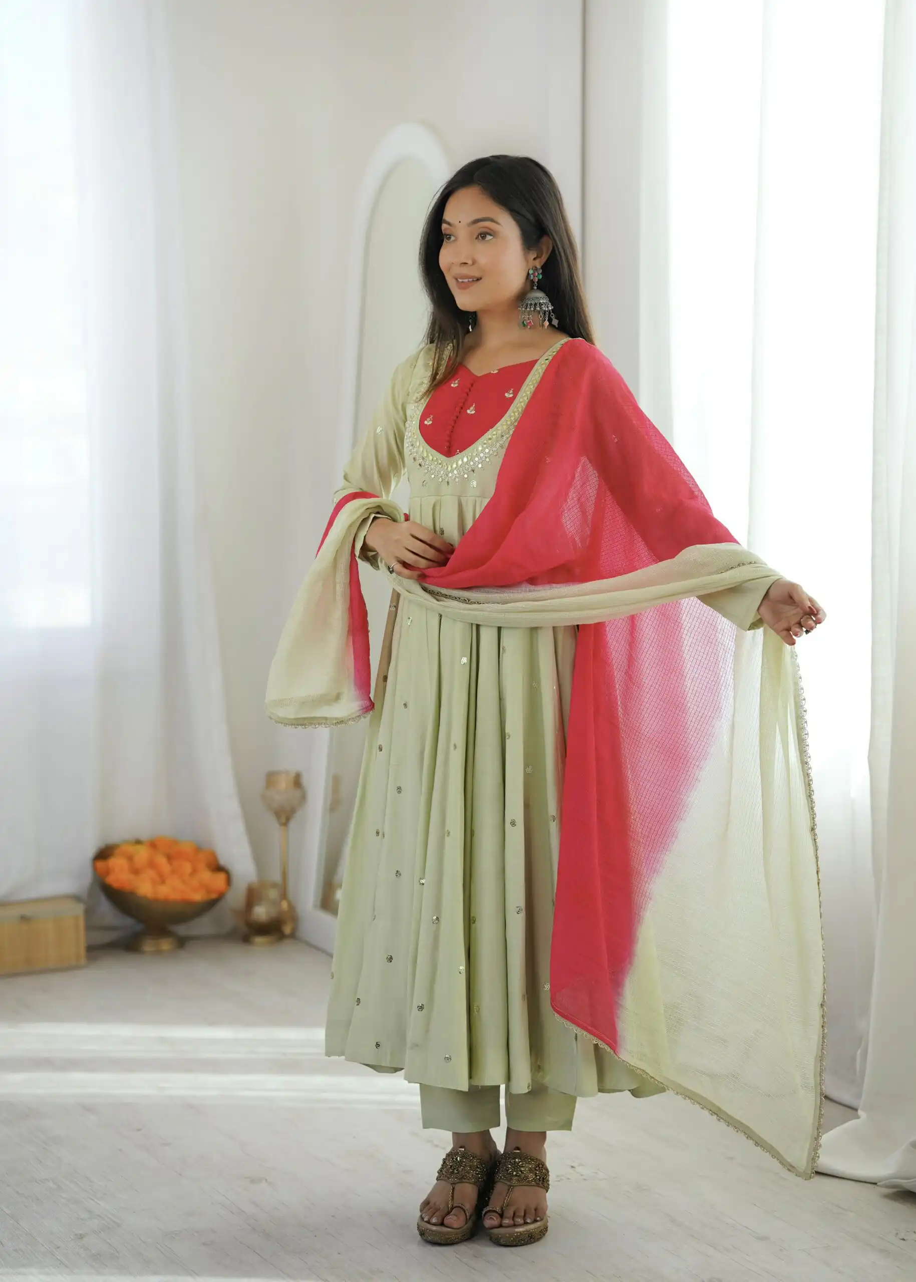 Lovely Pista Roman Silk Mirror Embroidery Work Gown - Image 7