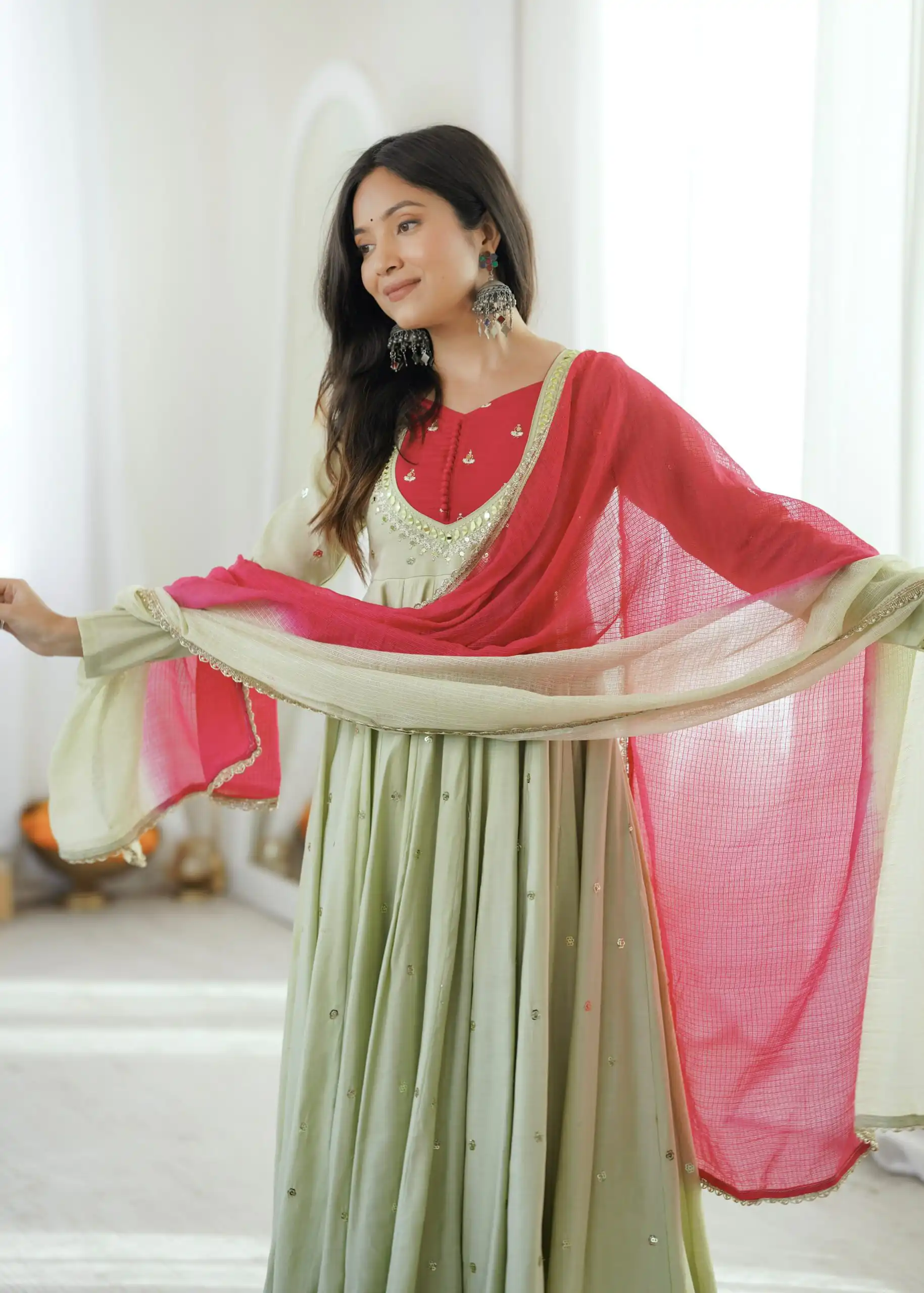 Lovely Pista Roman Silk Mirror Embroidery Work Gown - Image 18