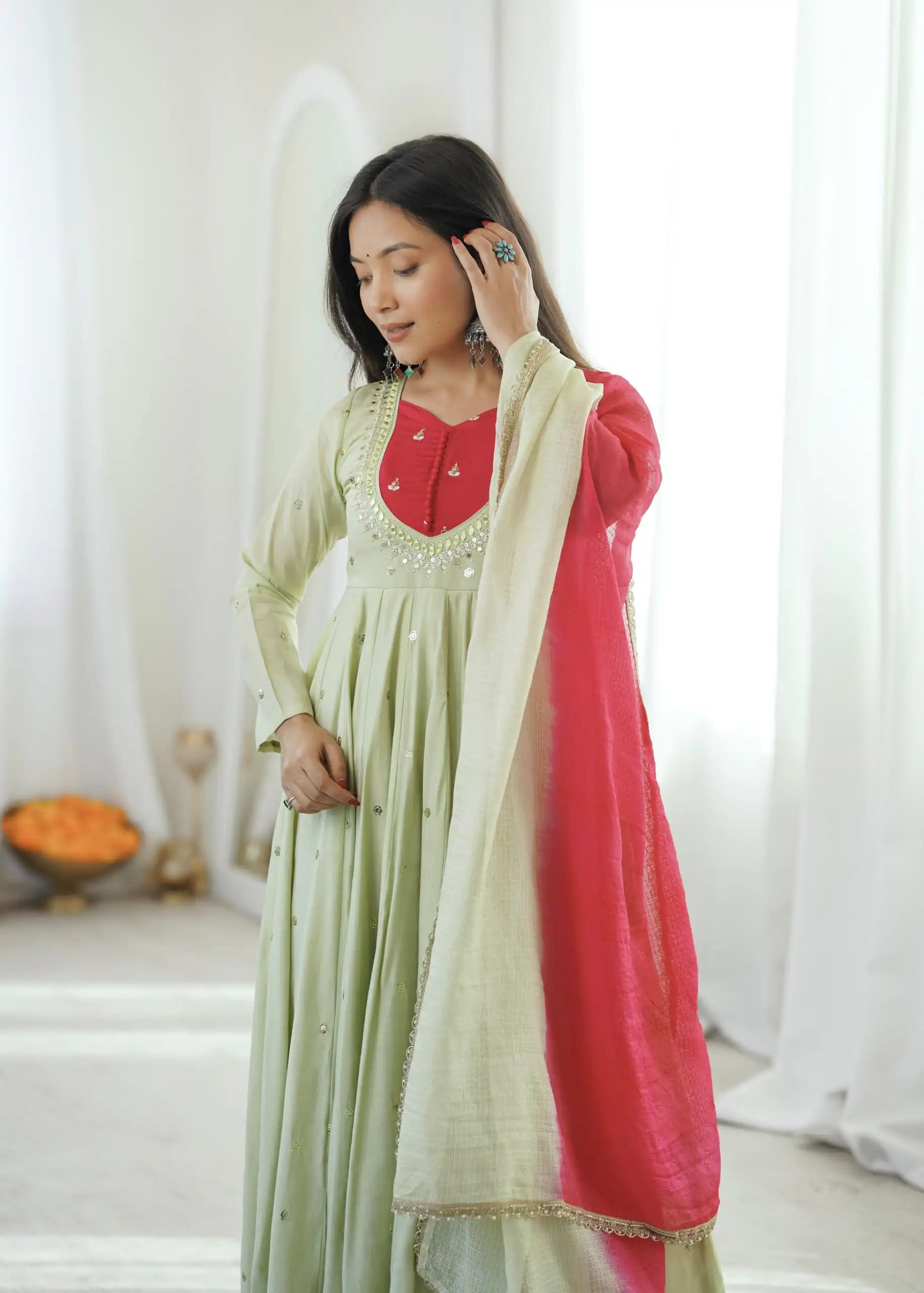 Lovely Pista Roman Silk Mirror Embroidery Work Gown - Image 16