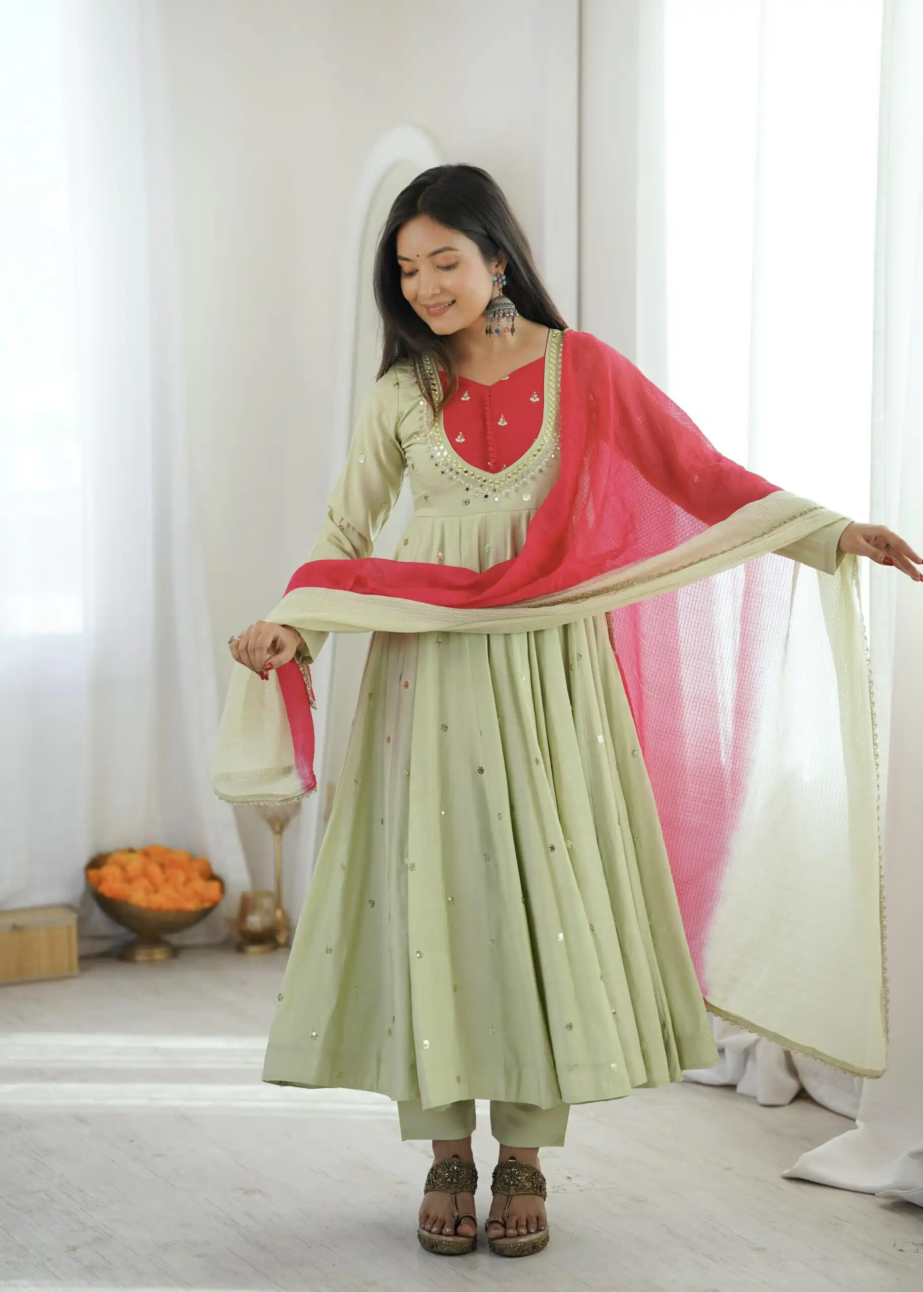 Lovely Pista Roman Silk Mirror Embroidery Work Gown - Image 2