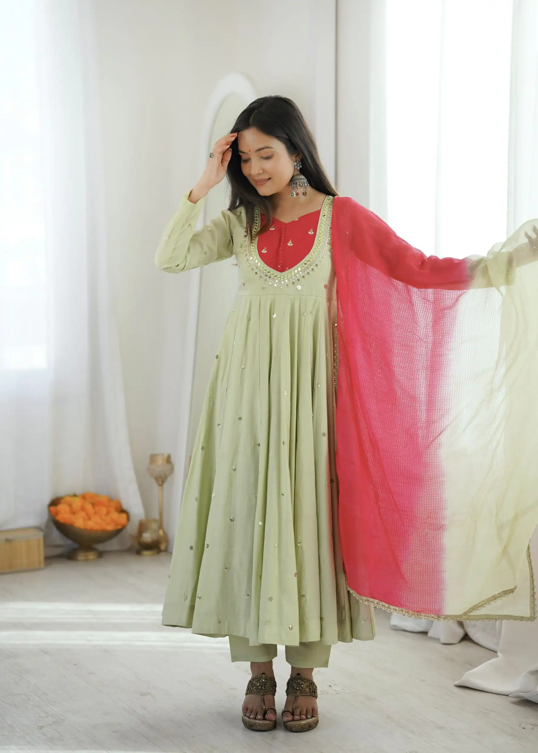 Lovely Pista Roman Silk Mirror Embroidery Work Gown
