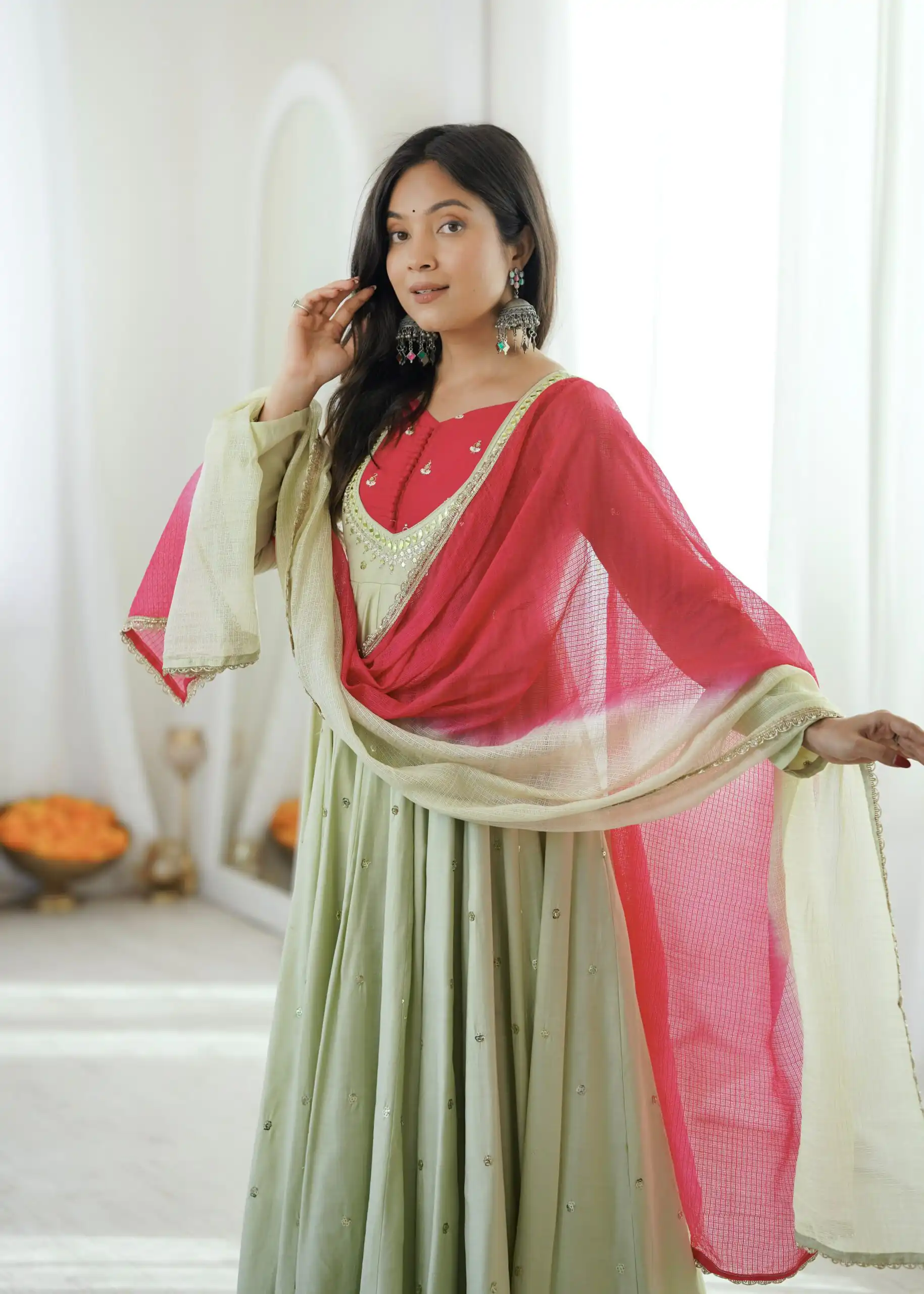 Lovely Pista Roman Silk Mirror Embroidery Work Gown - Image 14