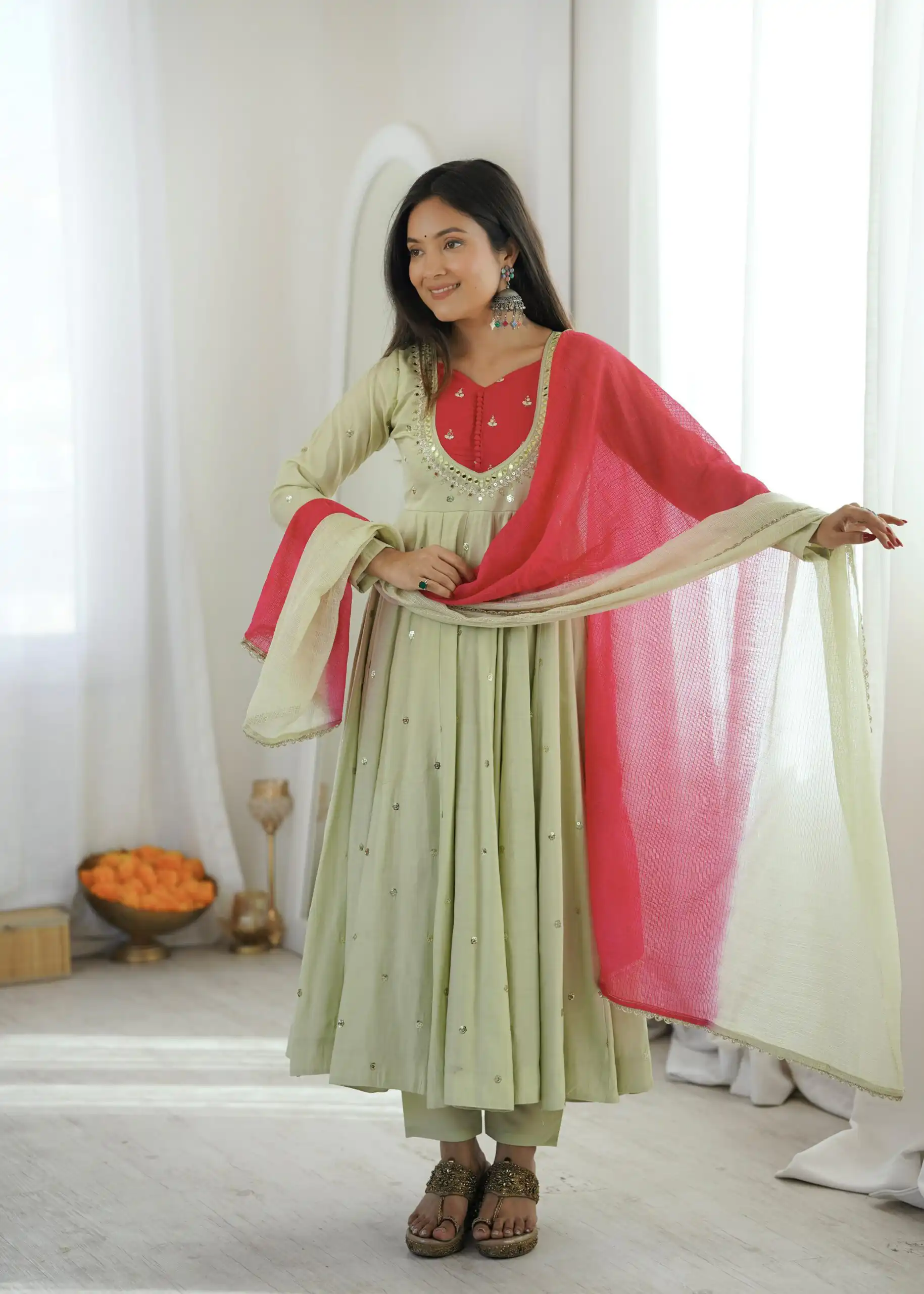 Lovely Pista Roman Silk Mirror Embroidery Work Gown - Image 5