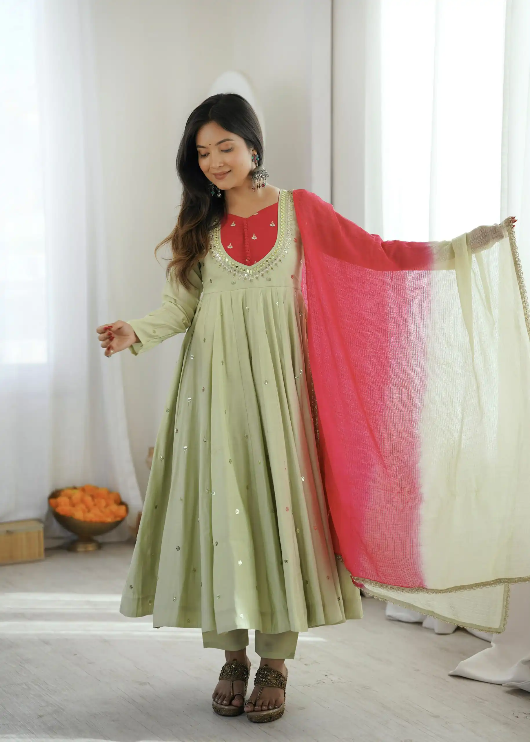 Lovely Pista Roman Silk Mirror Embroidery Work Gown - Image 3